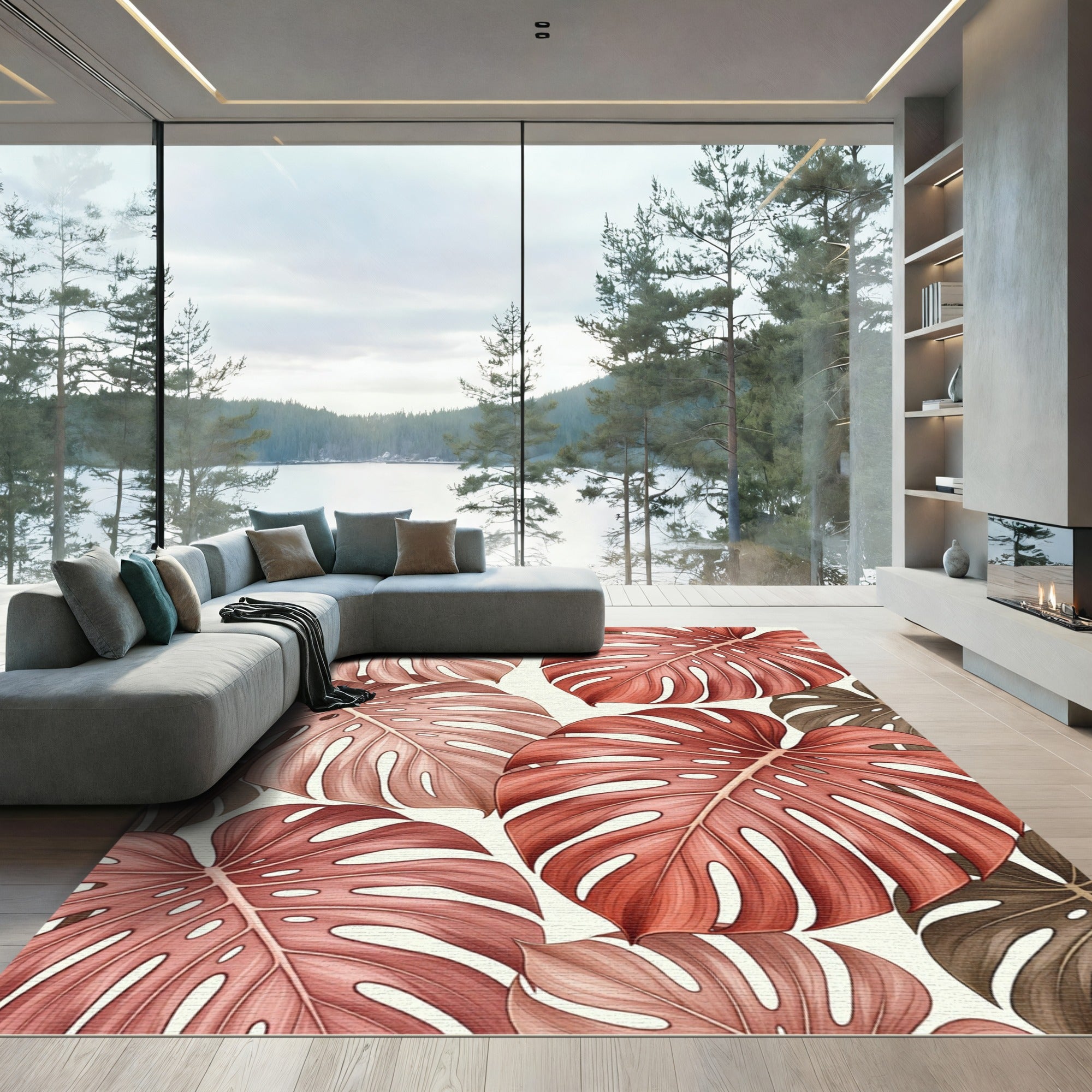 Tropical Terracotta Monstera Leaf Array Rug