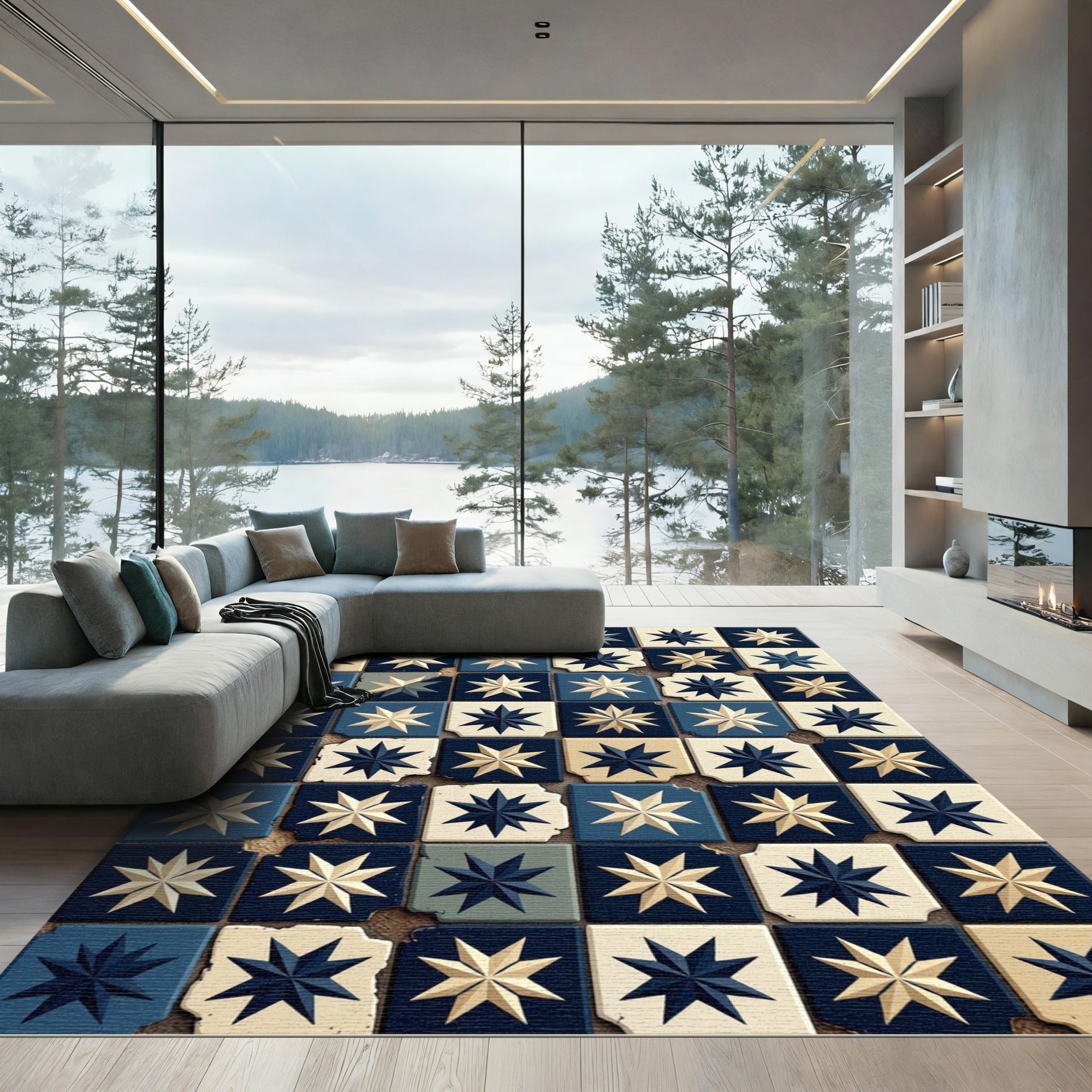 Geometric Navy and Cream Star Tile Rug