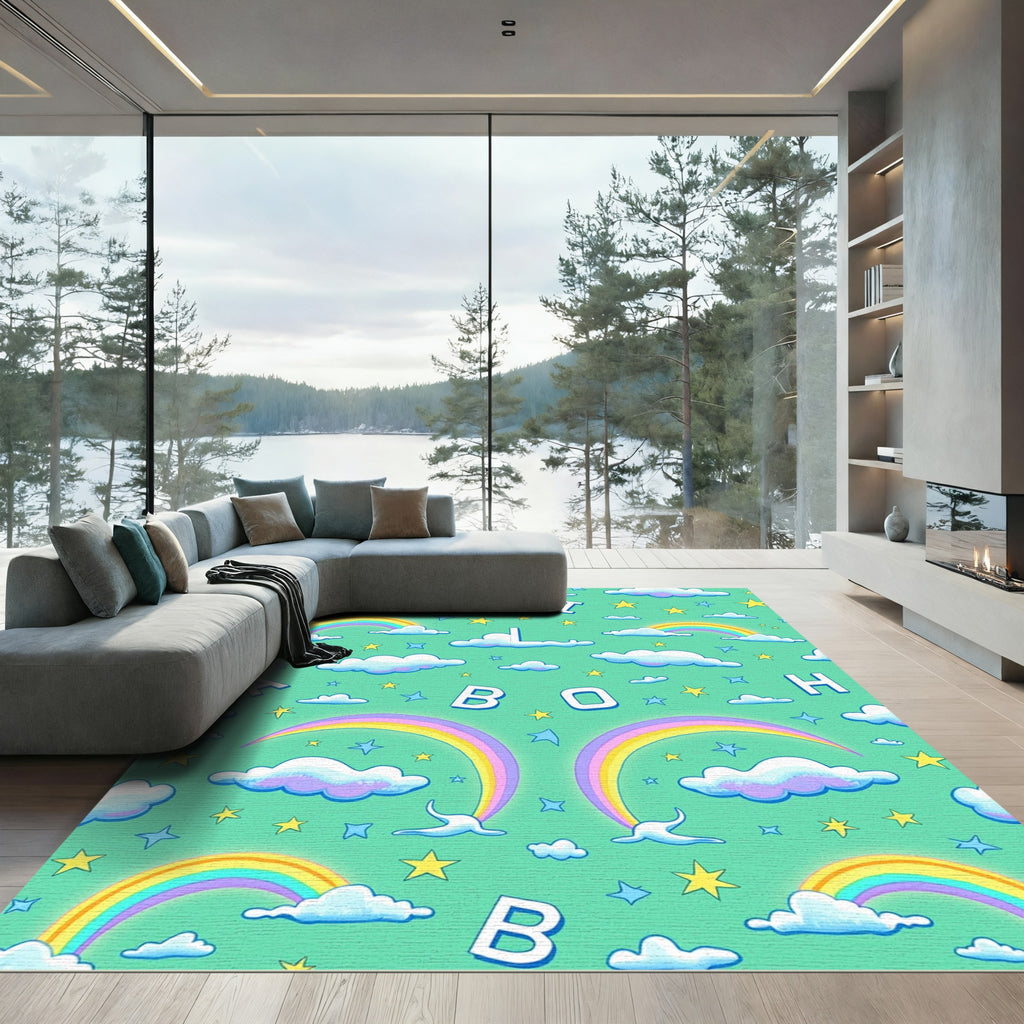Whimsical Rainbow Clouds Stars Alphabet Rug