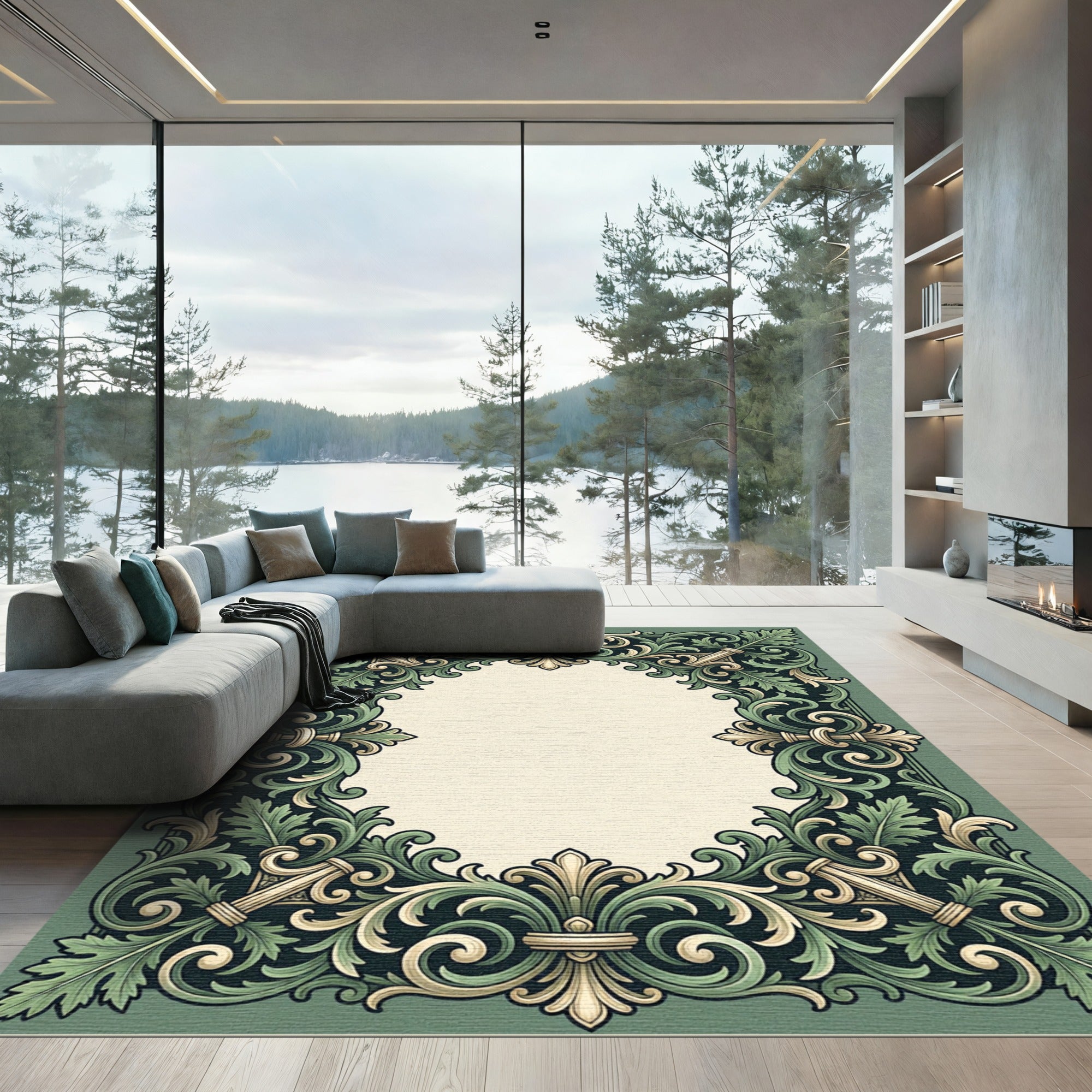 Green Accented Floral Scrollwork Frame Rug