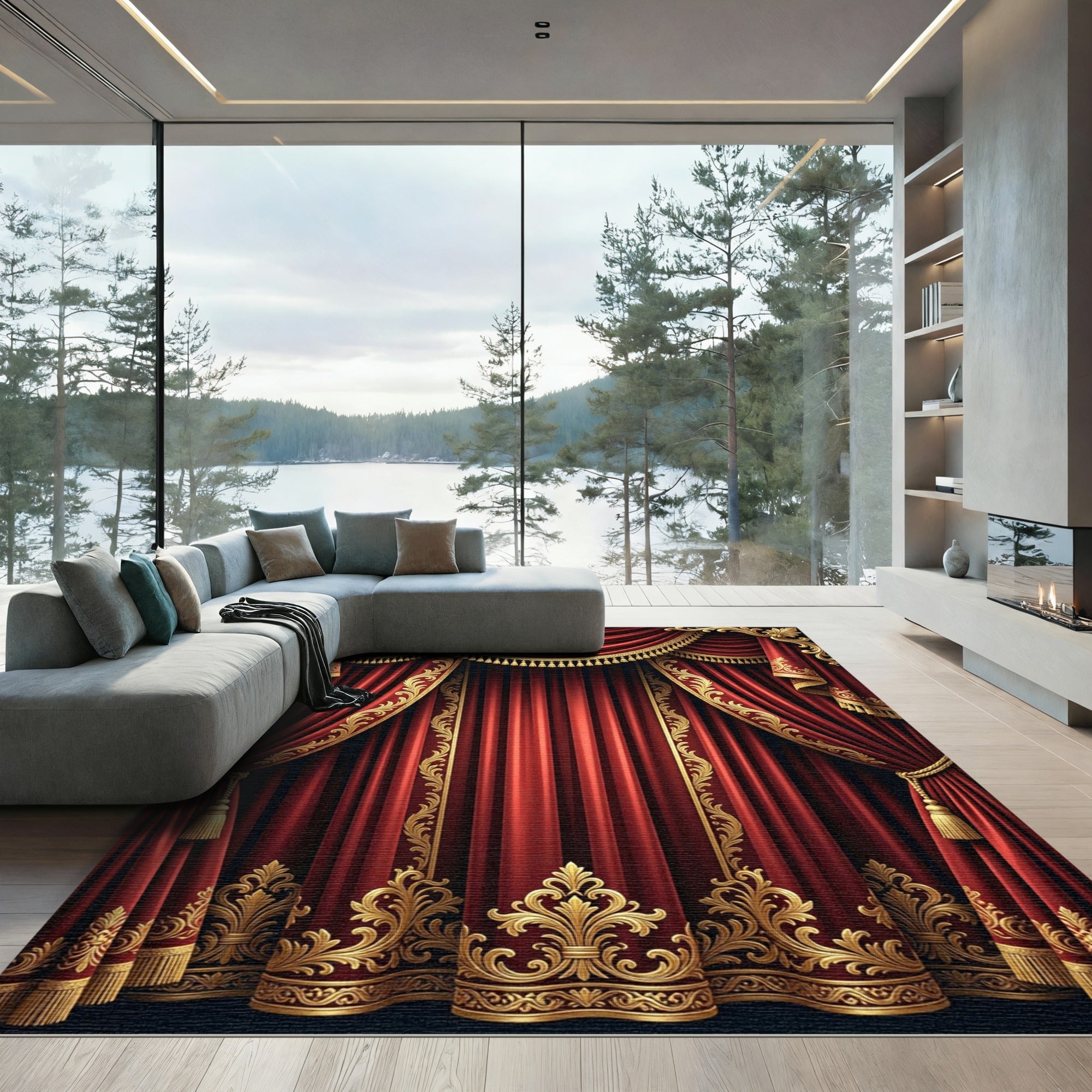 Crimson Red Velvet Ornate Textile Rug