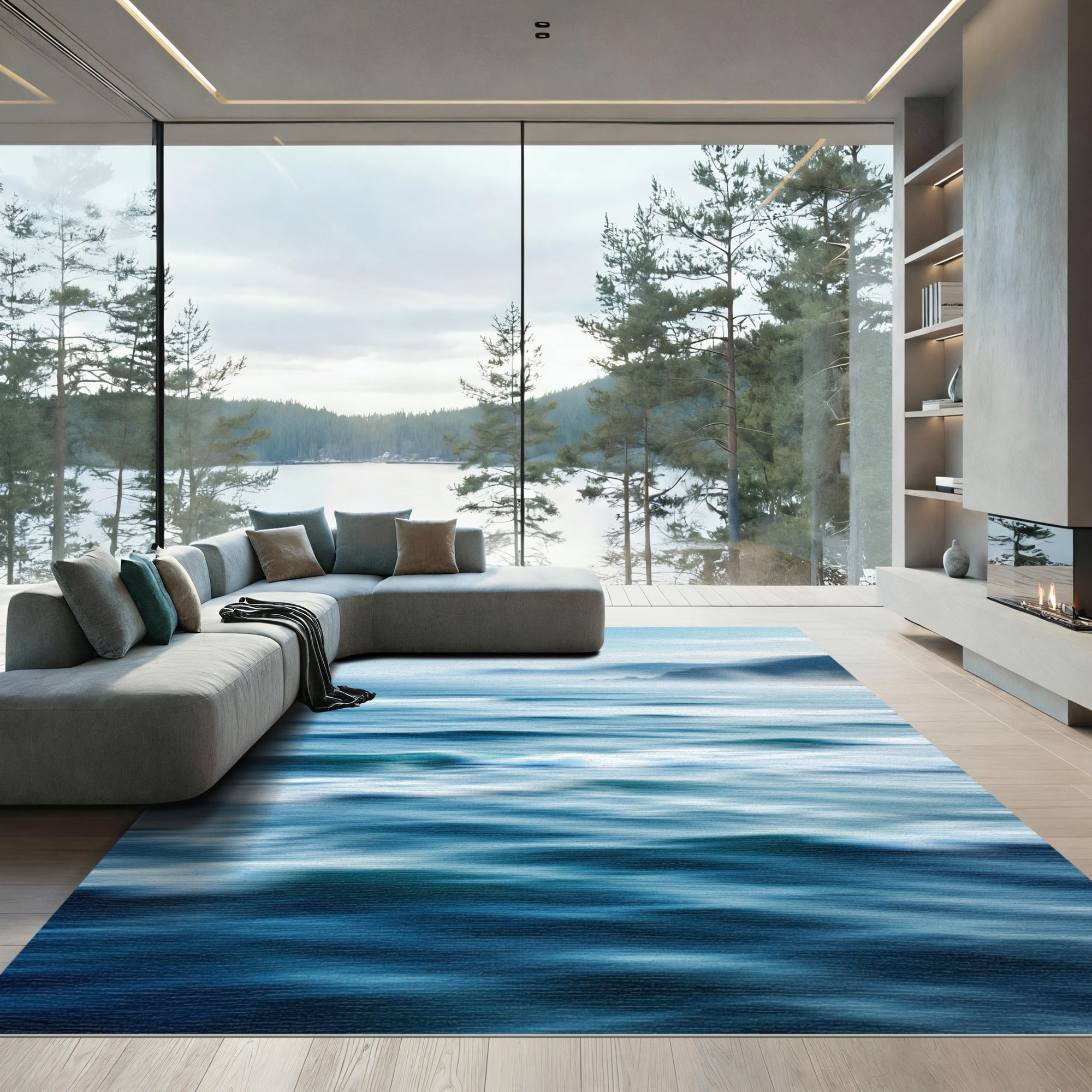 Deep Blue Ocean Waves Abstract Blur Rug