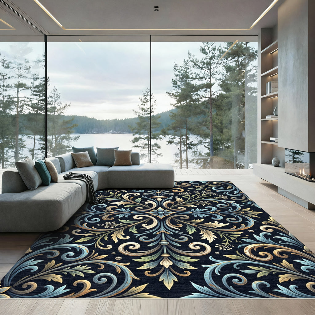 Ornate Black Floral Accented Swirls Rug