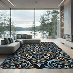 Ornate Black Floral Accented Swirls Rug