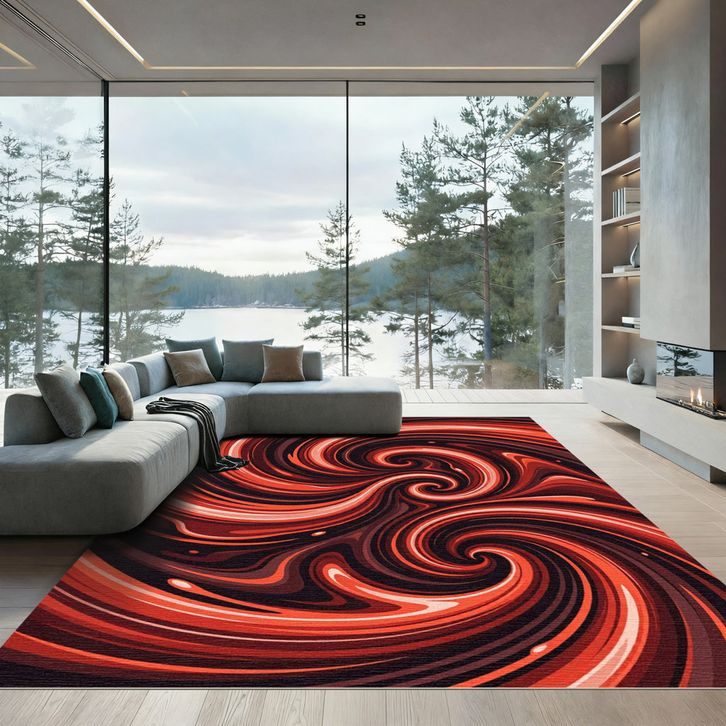 Vibrant Crimson Abstract Swirl Rug
