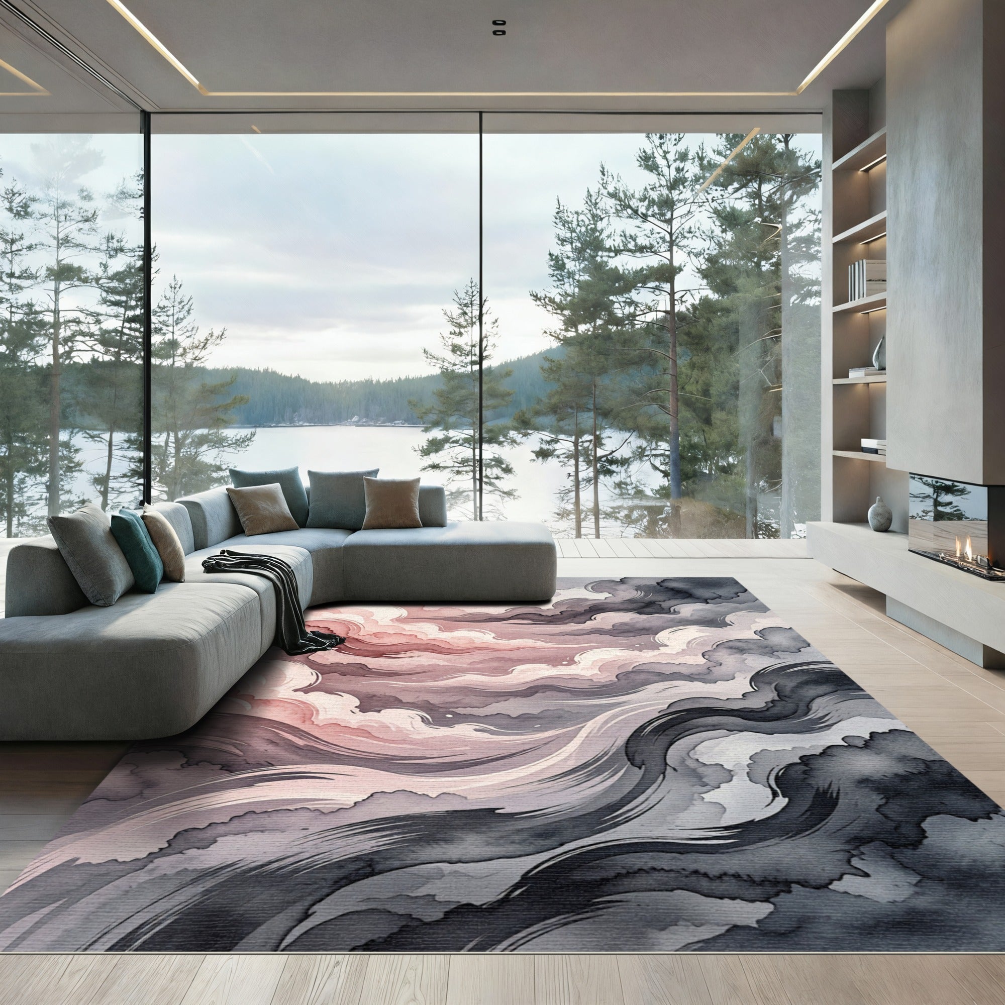 Crimson Pink Watercolor Swirls Rug