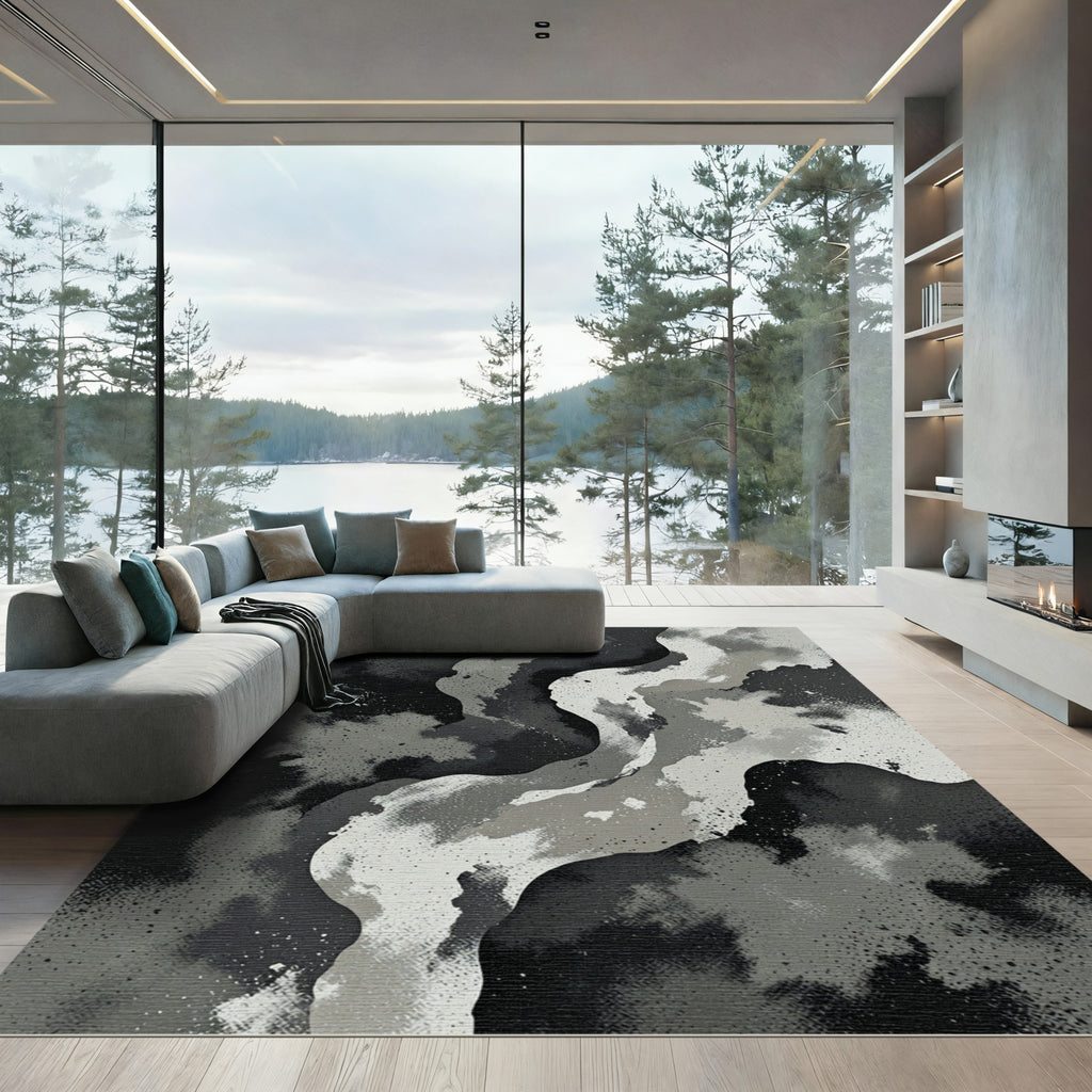Abstract Monochrome Swirls Graphite Ink Rug
