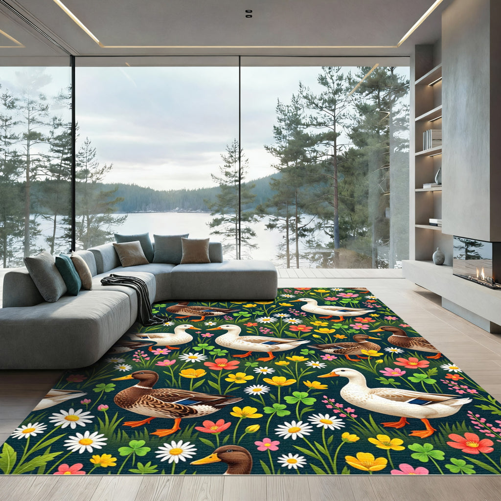 Whimsical Ducks and Meadow Wildflowers Rug