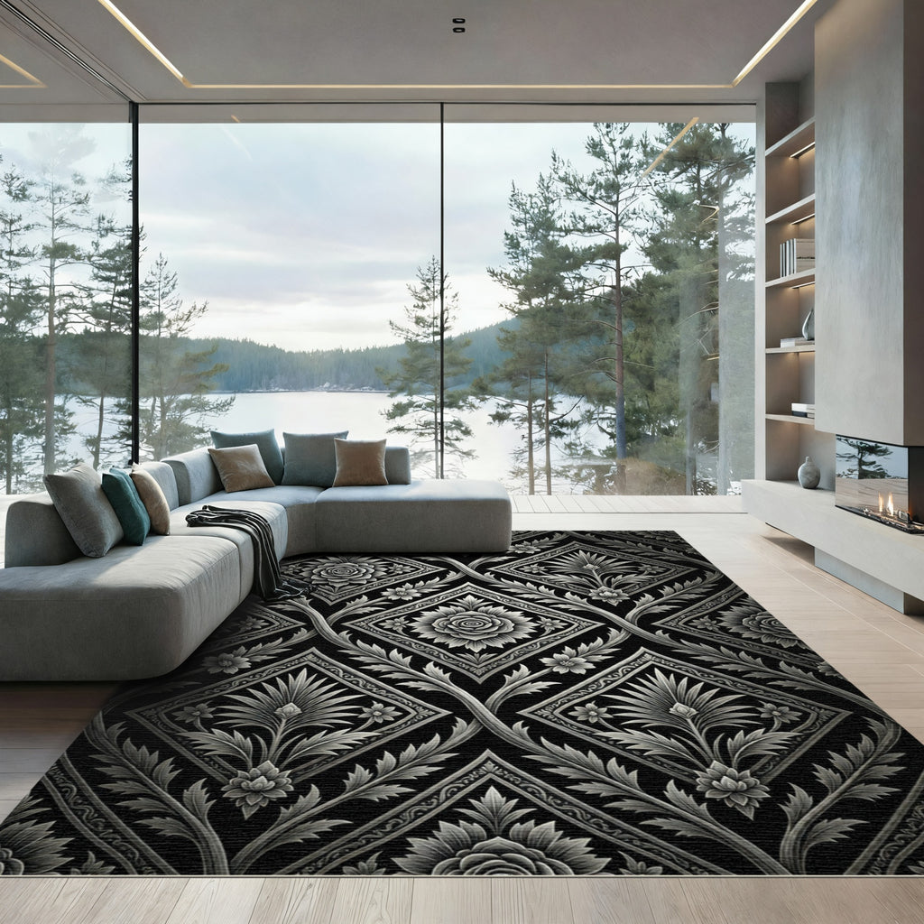 Classic Black White Floral Diamond Rug