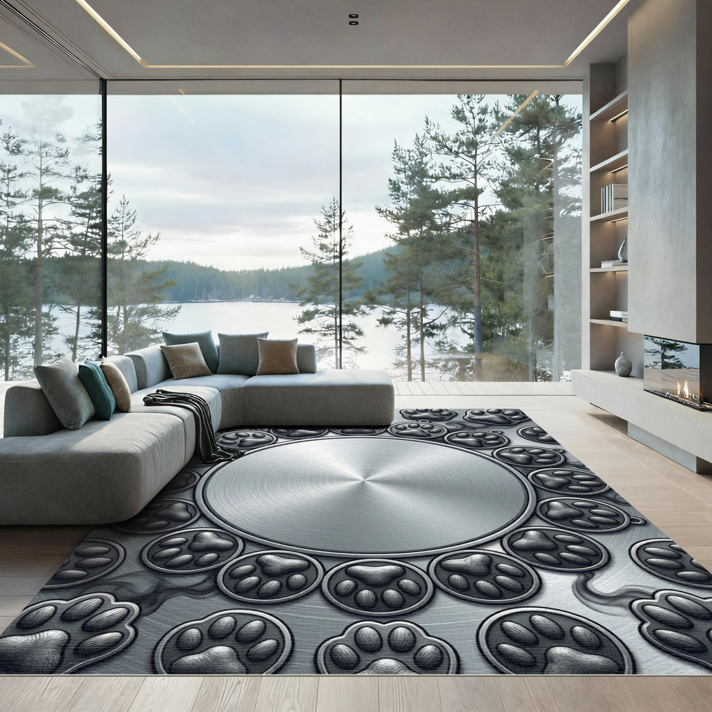 Brushed Silver Metallic Paw Print Medallion Rug