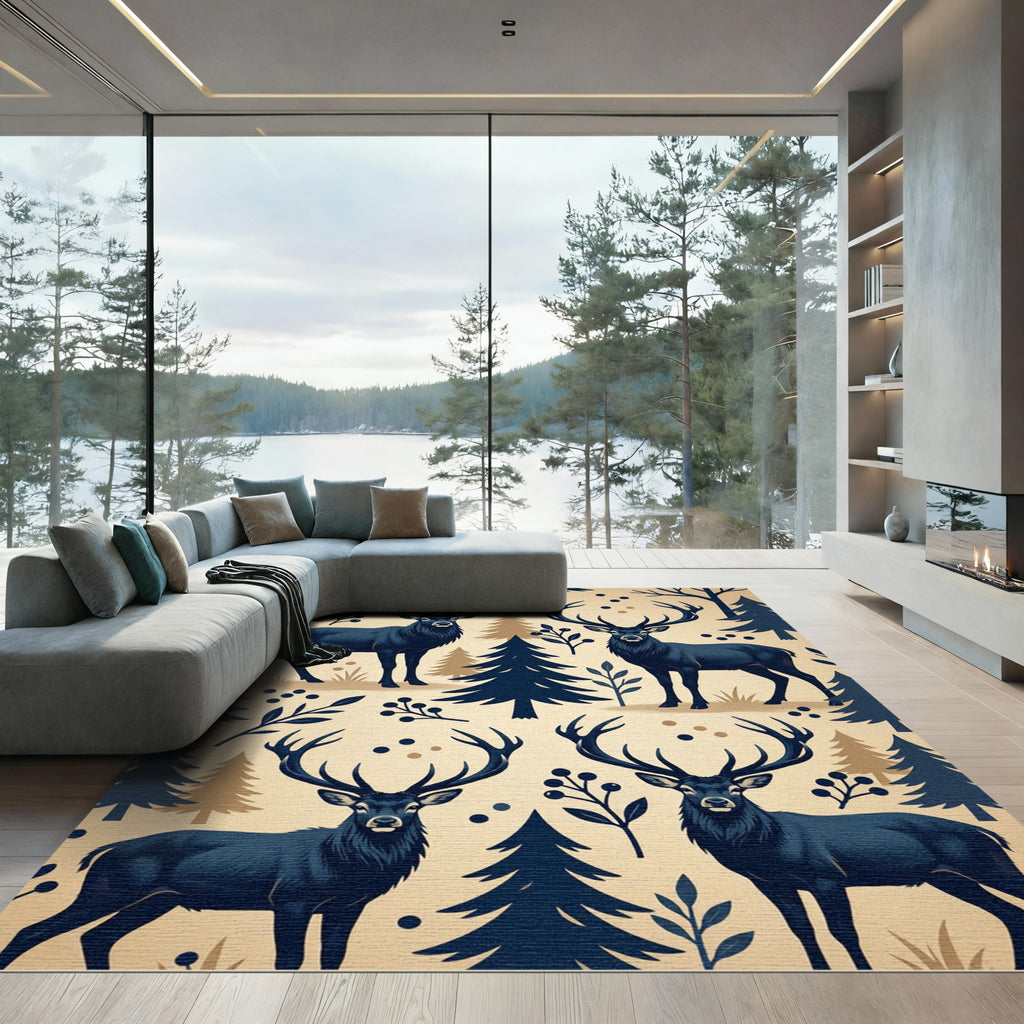 Midnight Forest Stag Cream Nordic Rug