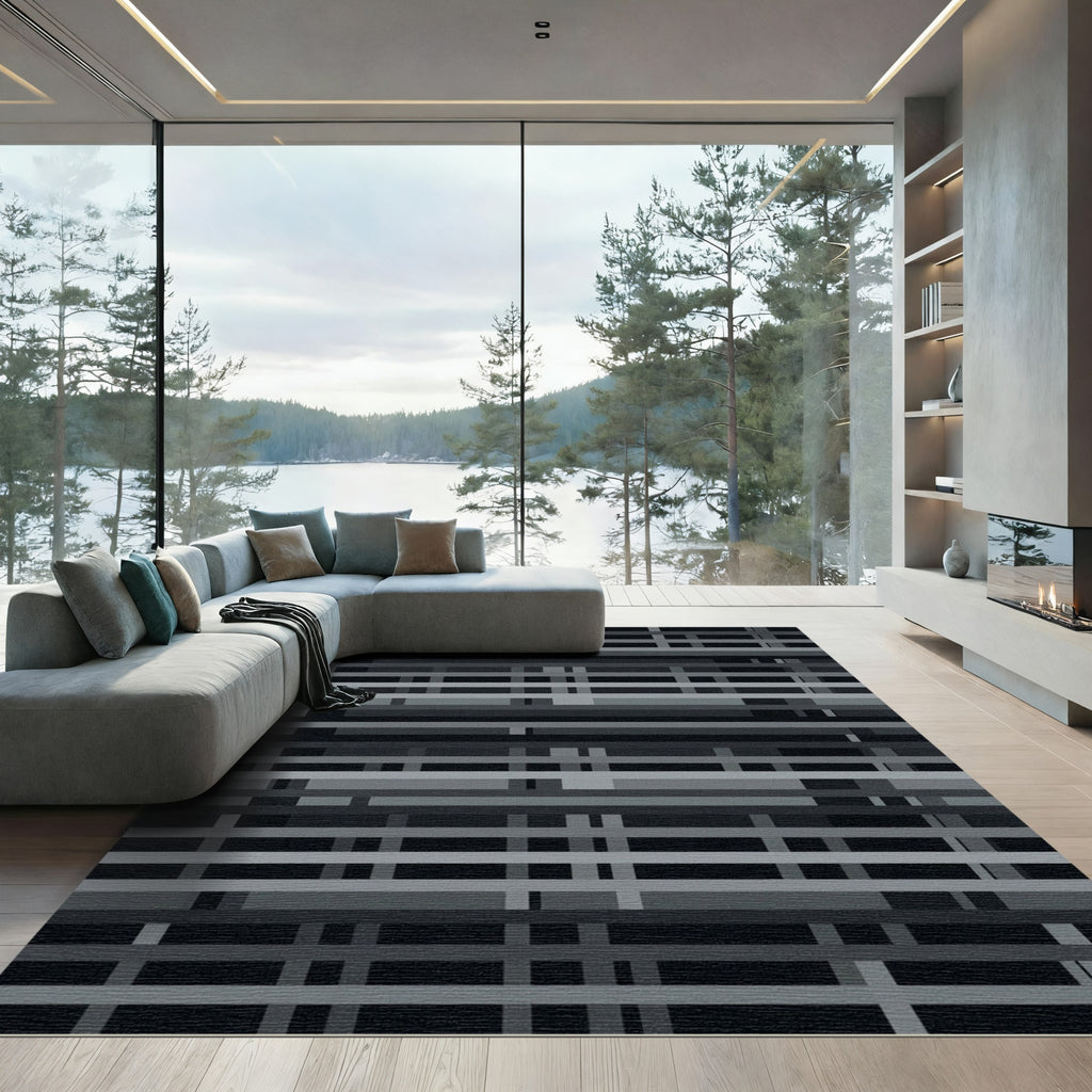 Monochrome Grid Abstract Linear Layered Rug