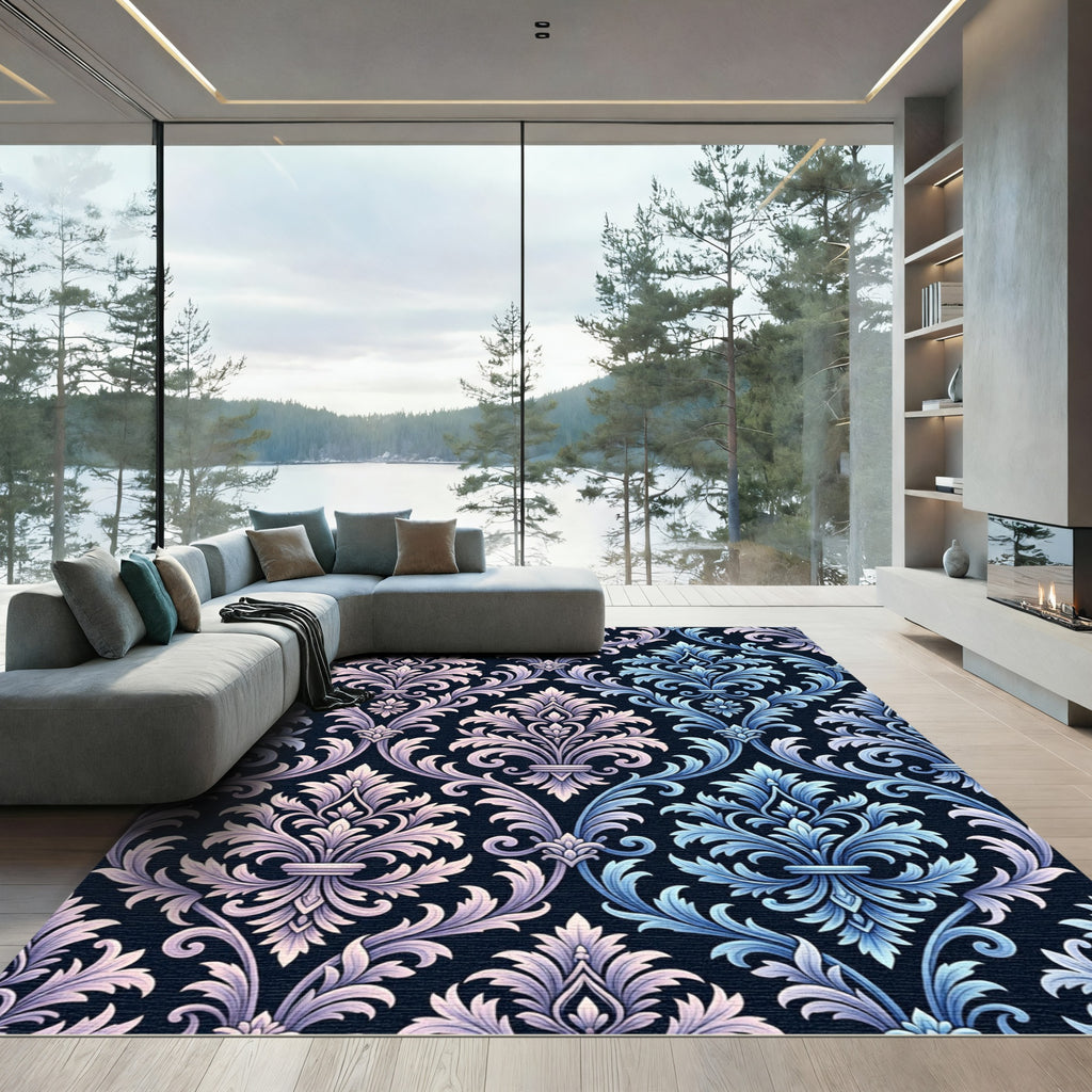 Elegant Blue Pink Damask Flourish Rug