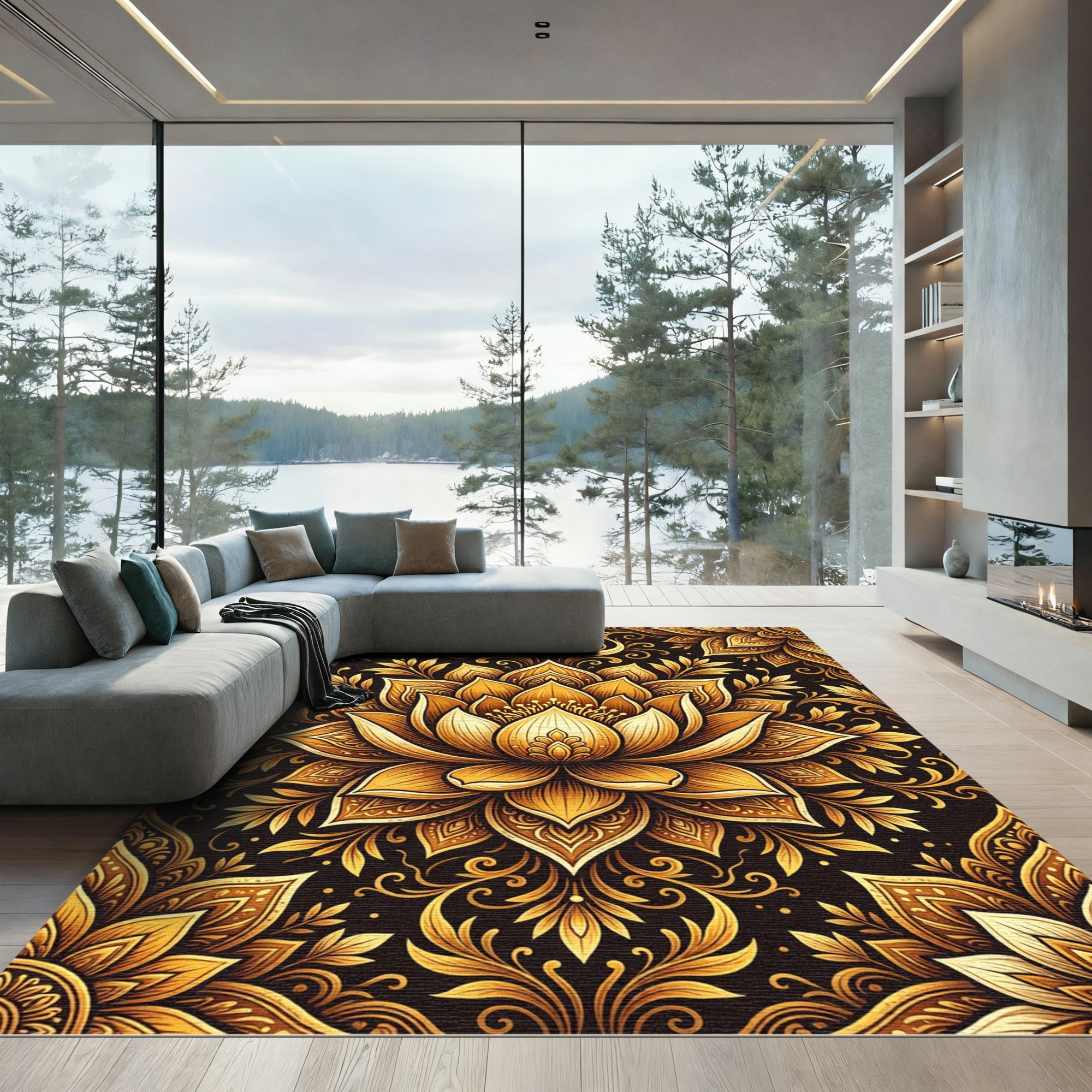 Elegant Golden Lotus Damask Medallion Rug