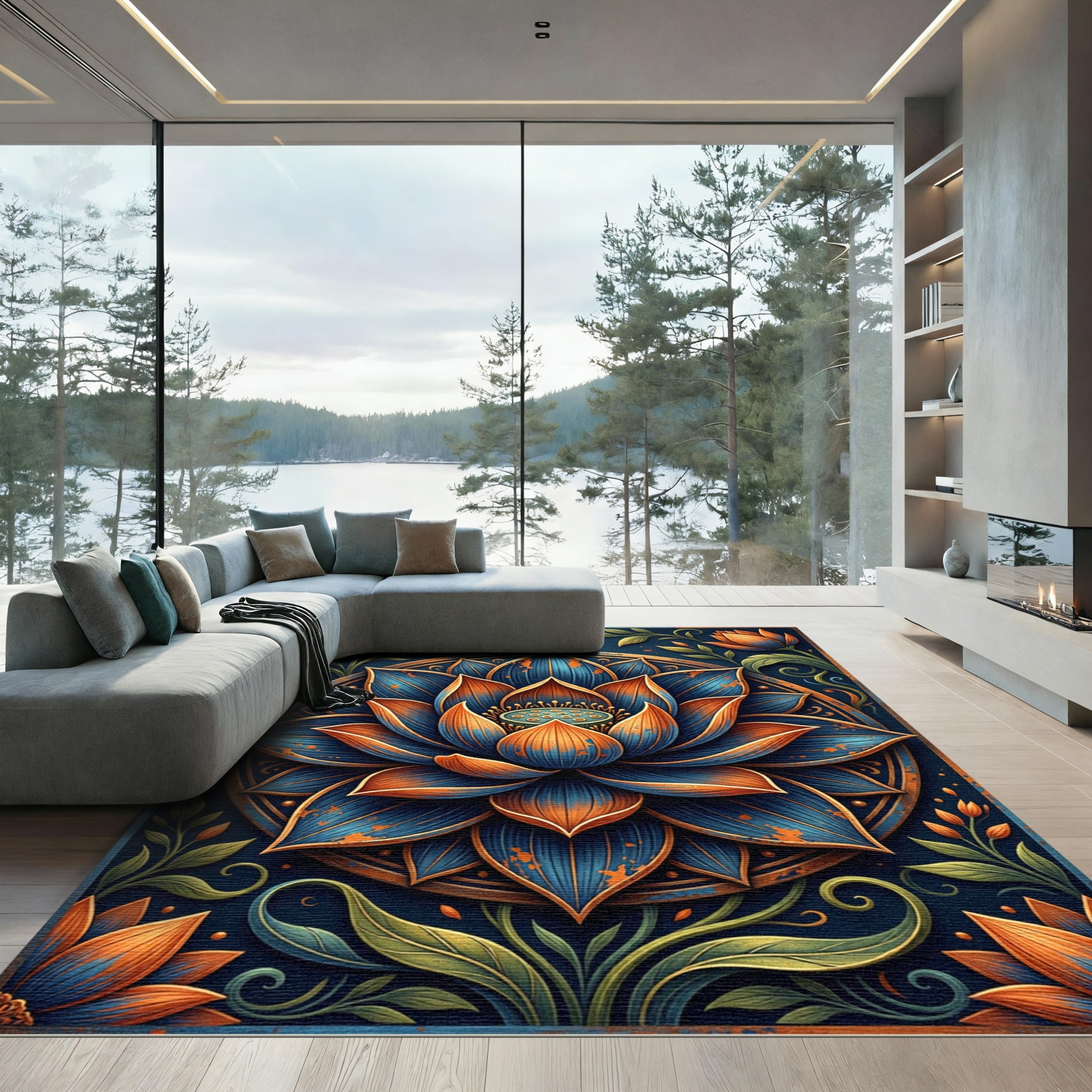 Artisanal Navy and Bronze Lotus Medallion Rug