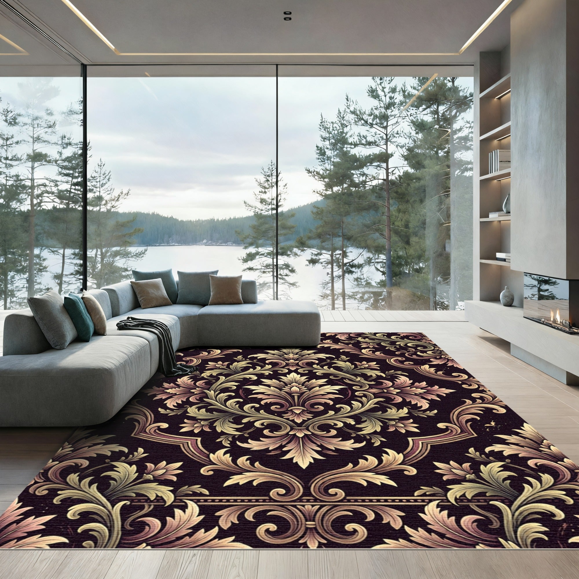 Elegant Damask Floral Scroll Aubergine Gold Rug