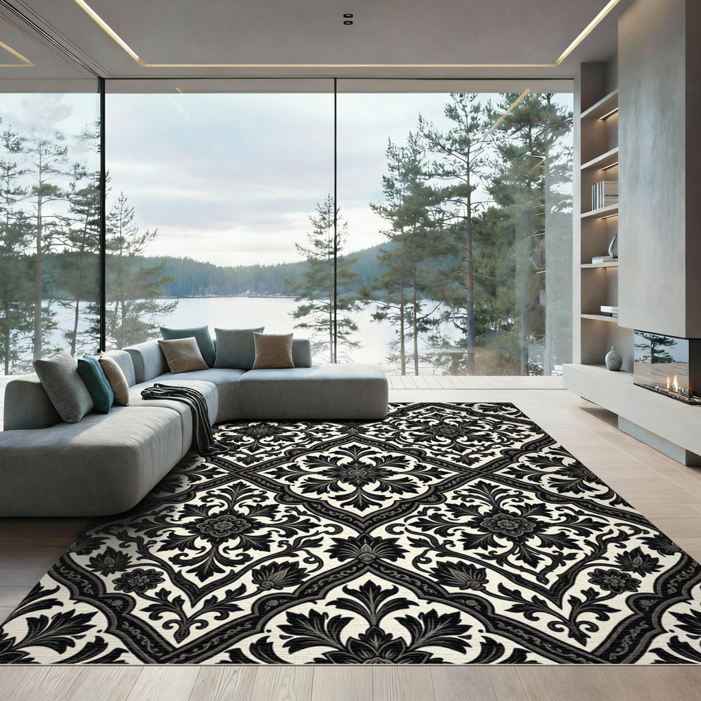 Classic Black Ivory Floral Damask Rug