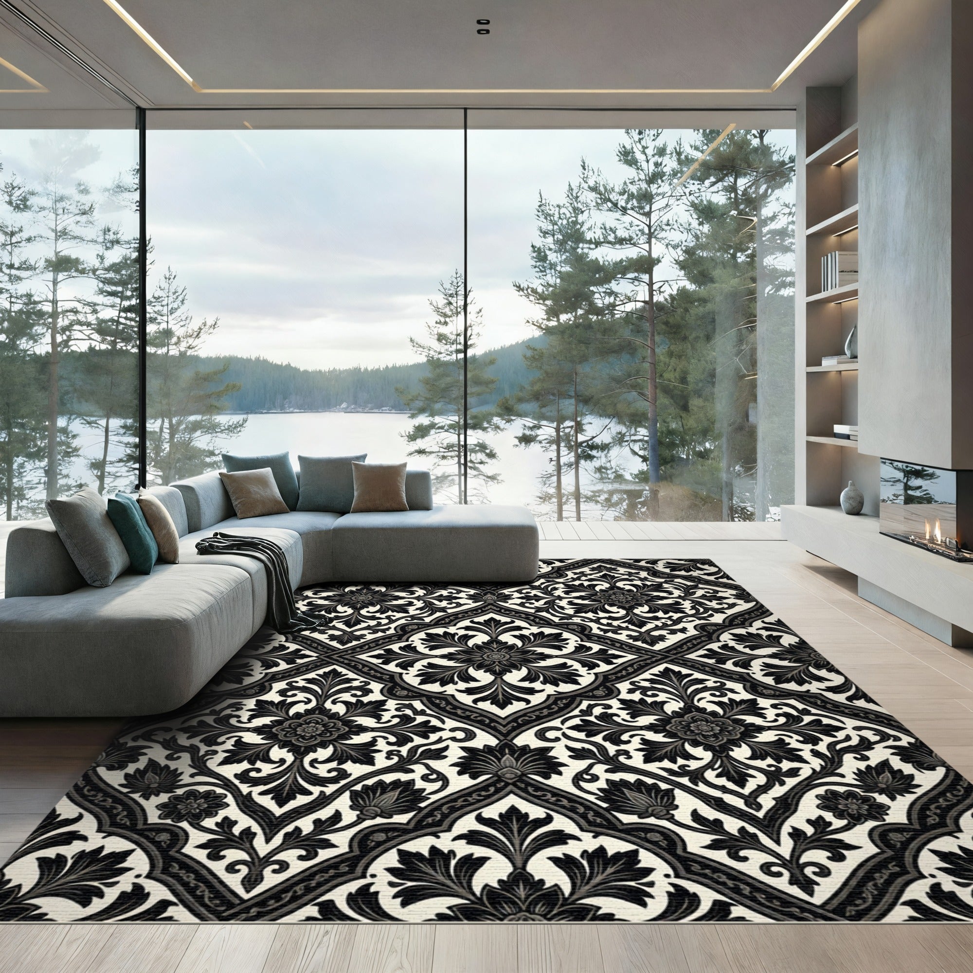 Classic Black Ivory Floral Damask Rug