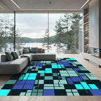 Modern Teal and Navy Grid Block Rug