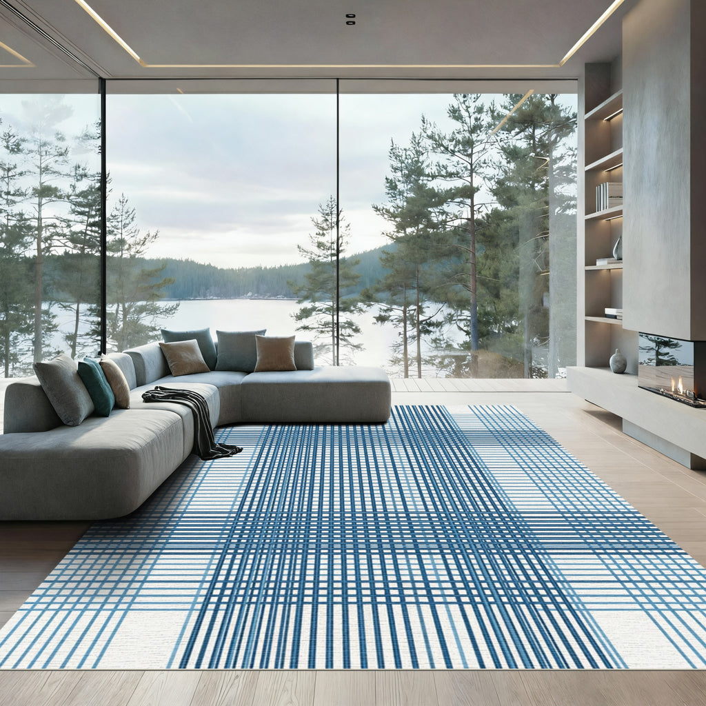 Navy Blue Linear Grid Checkered Rug