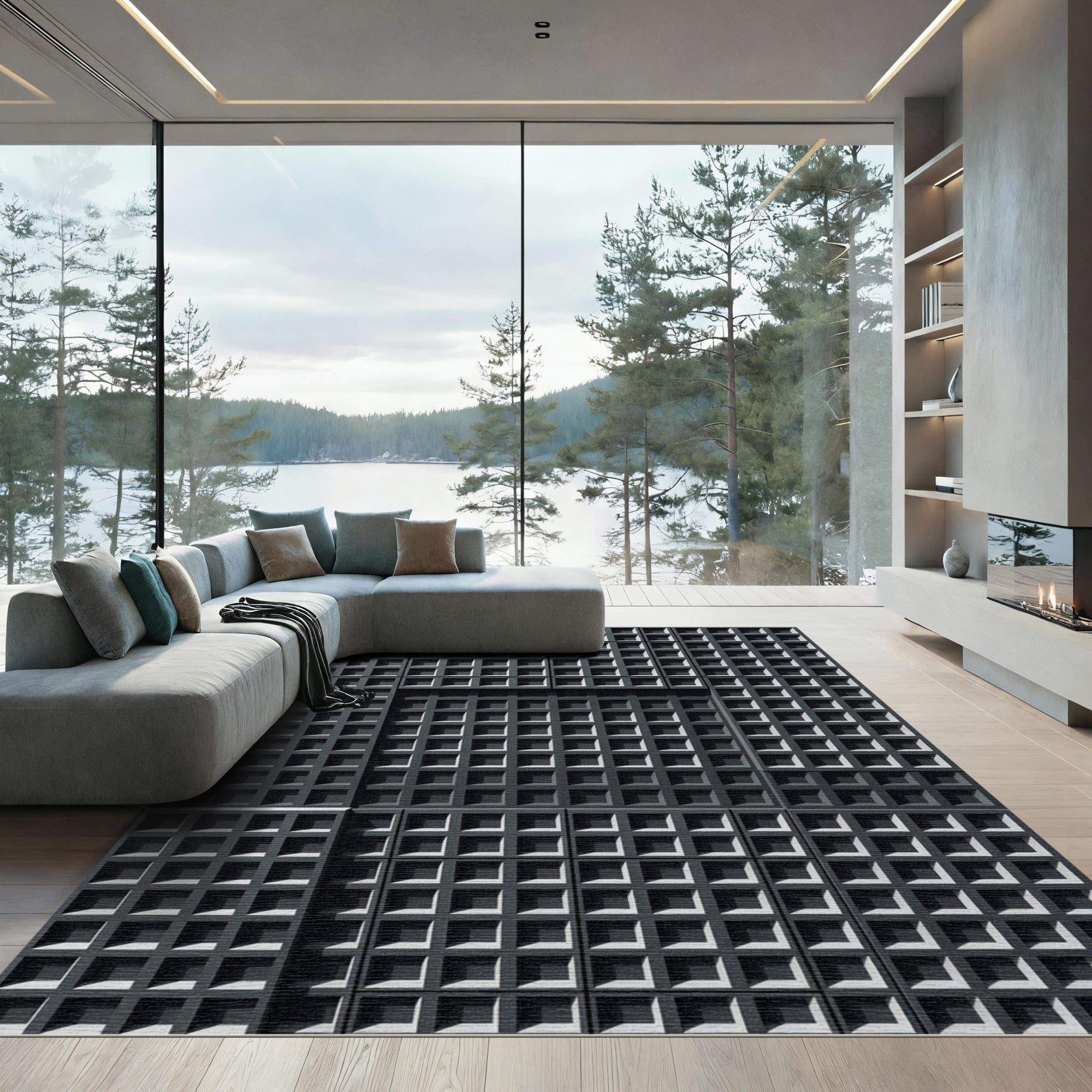 Monochromatic Charcoal Grid Geometric Rug