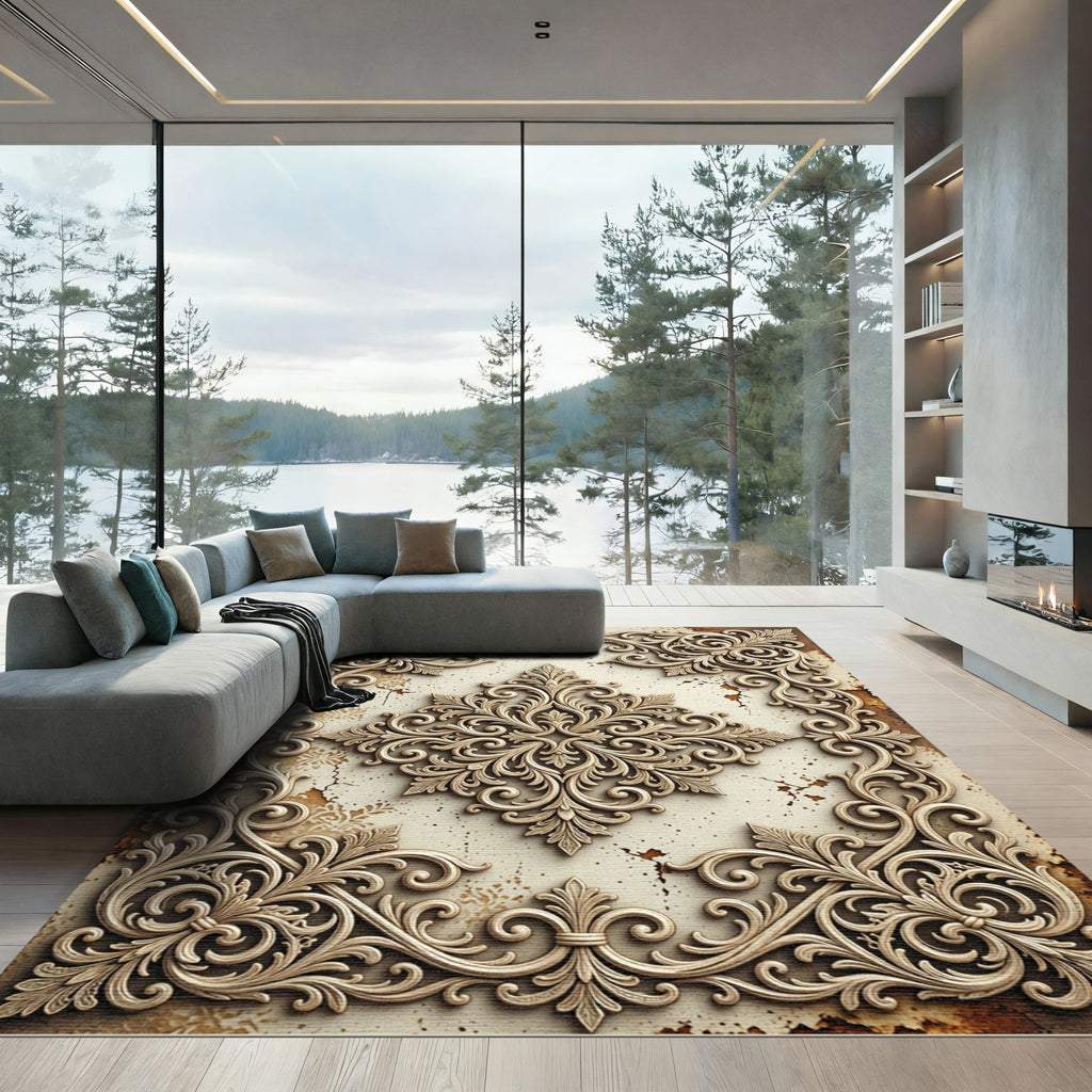 Ornate Ivory Filigree Damask Scroll Rug