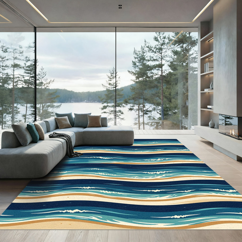 Coastal Azure Wavy Ocean Stripe Rug