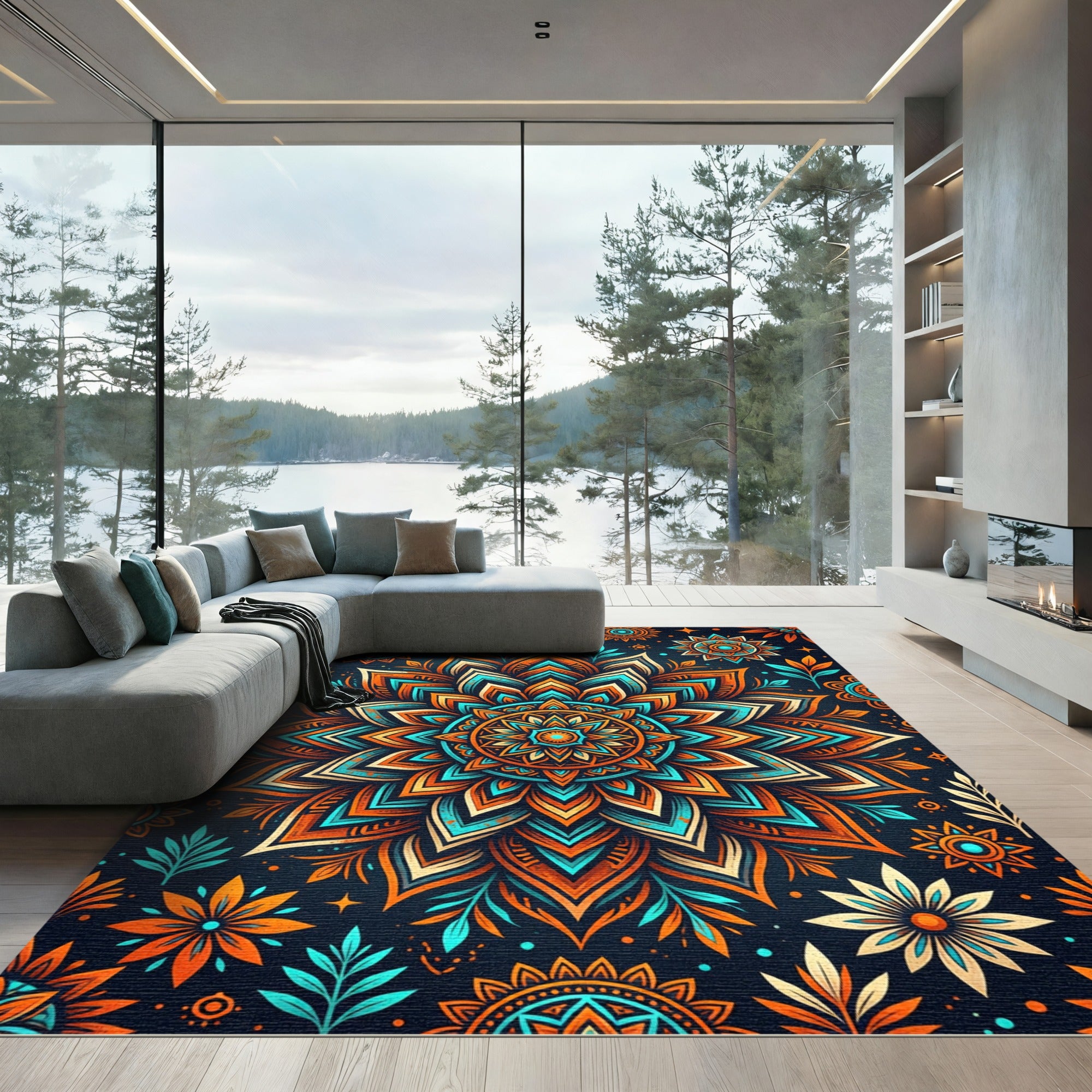 Vibrant Teal and Orange Floral Mandala Rug