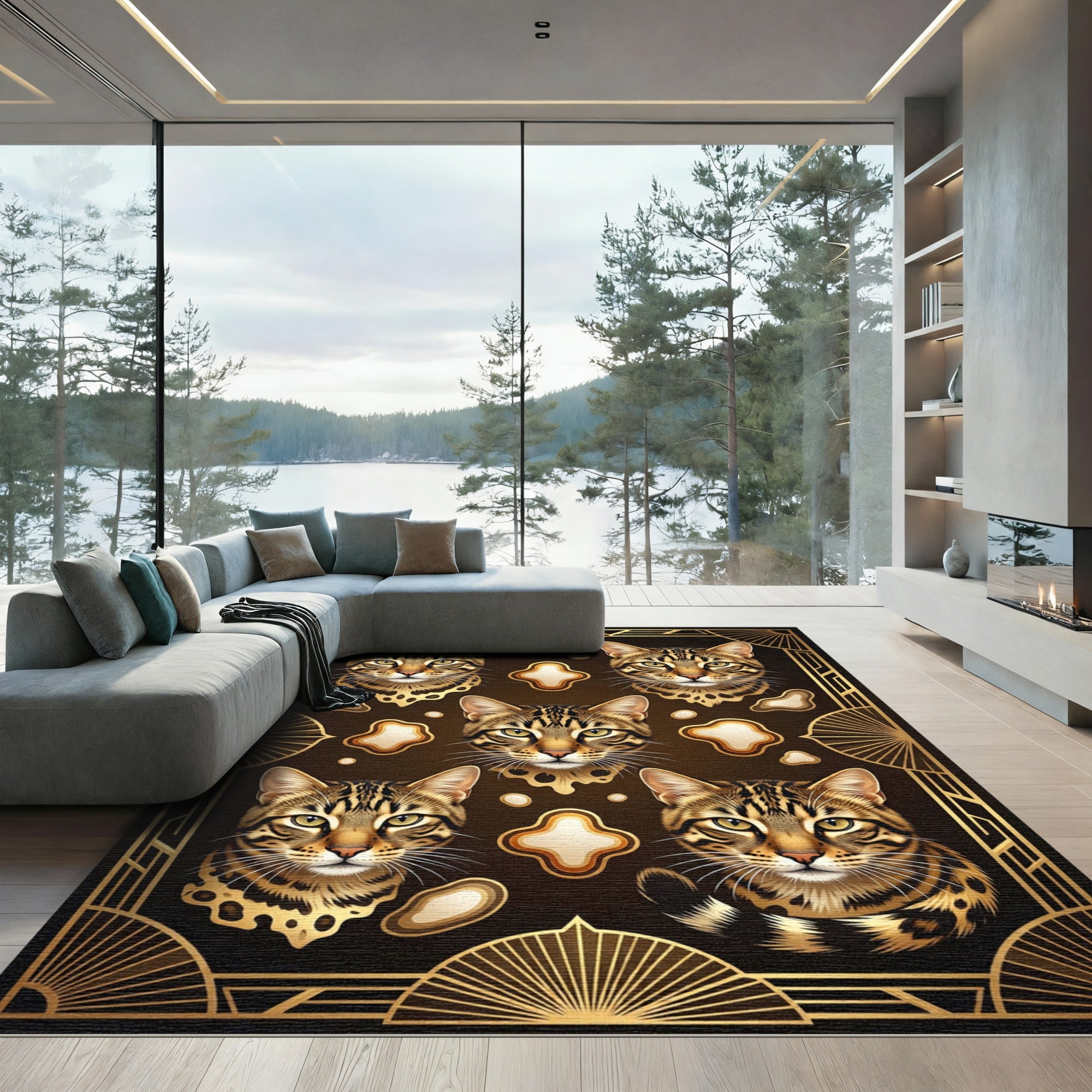Gilded Art Deco Feline Portrait Rug