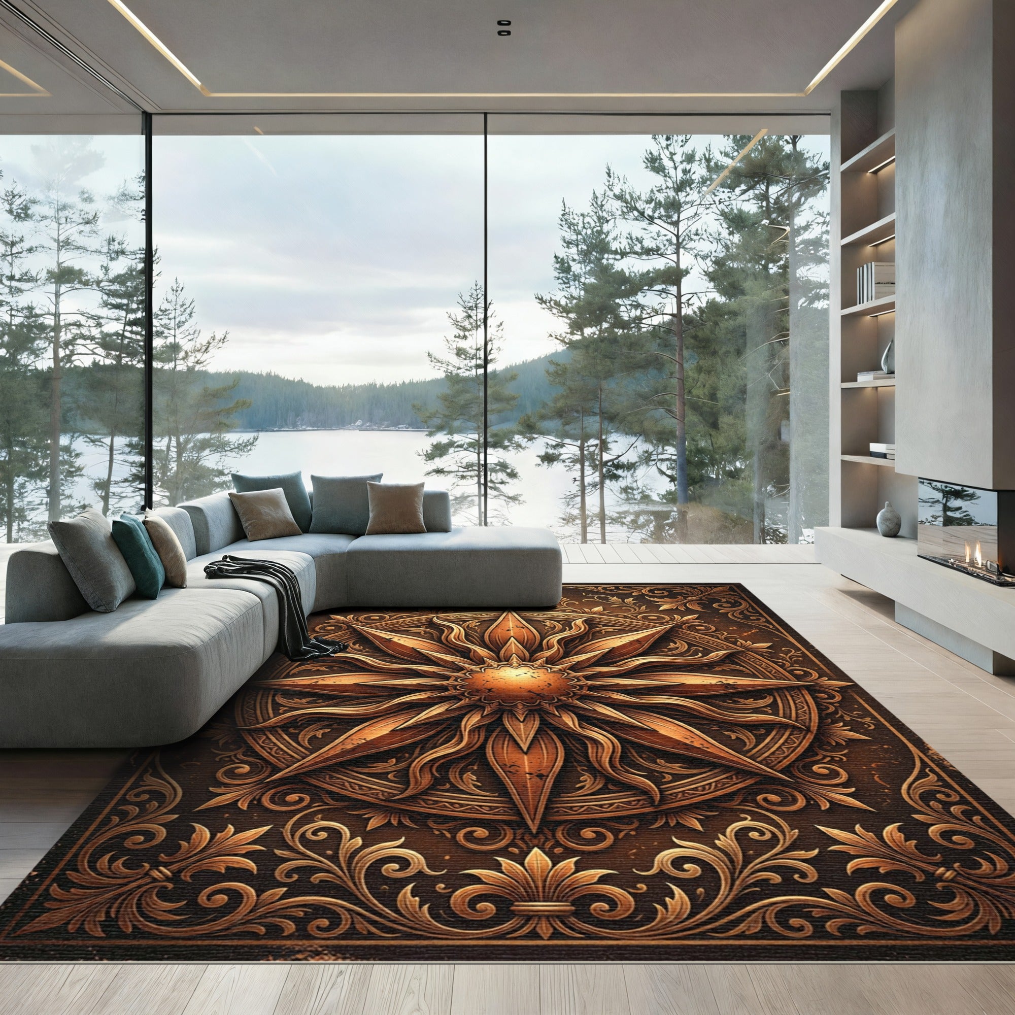 Ornate Bronze Sunburst Celestial Medallion Rug