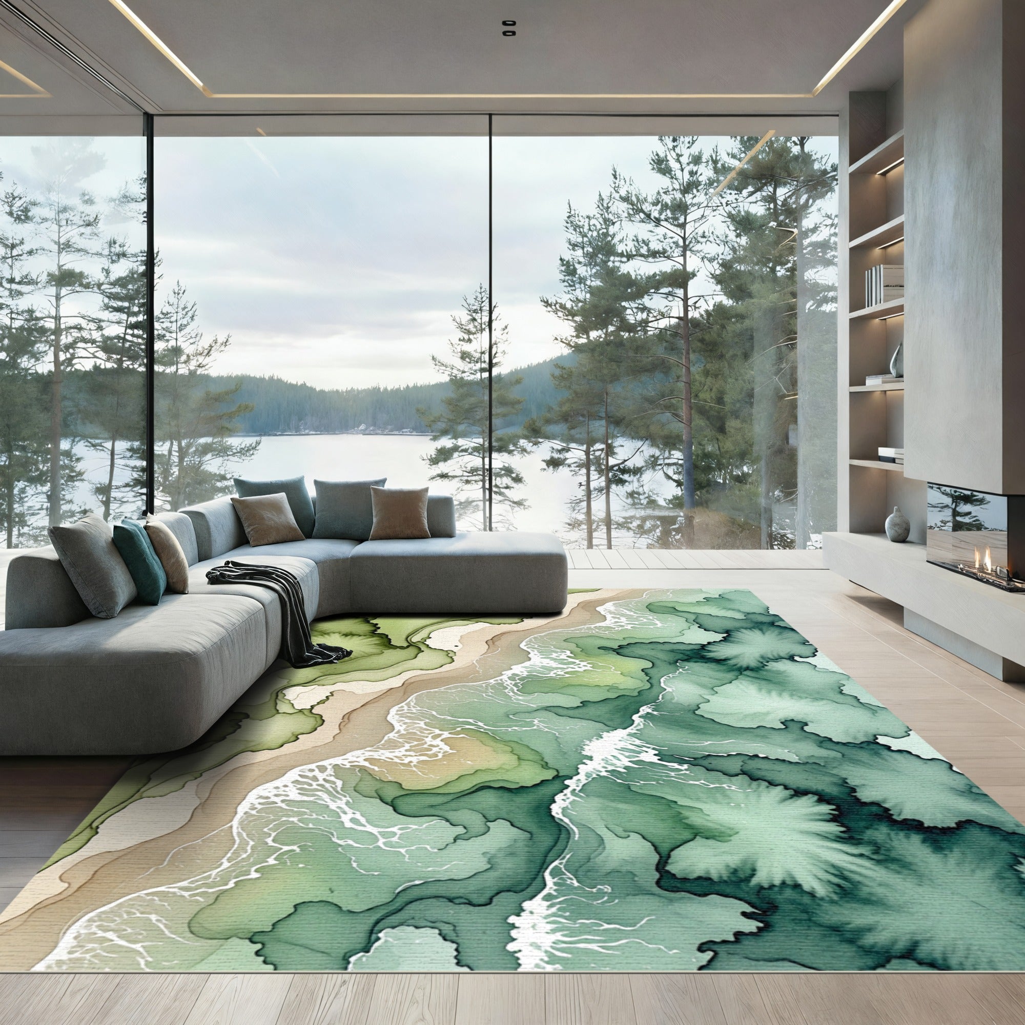 Ethereal Sage Green Coastal Abstract Art Rug