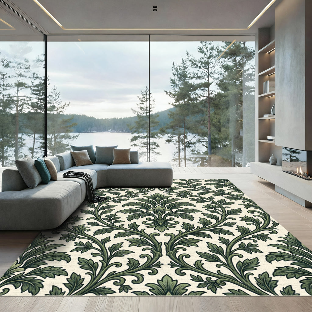 Emerald Foliage Damask Scroll Victorian Rug
