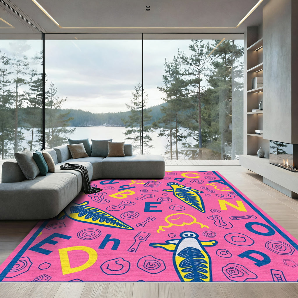 Whimsical Yellow Fish Pink Alphabet Rug