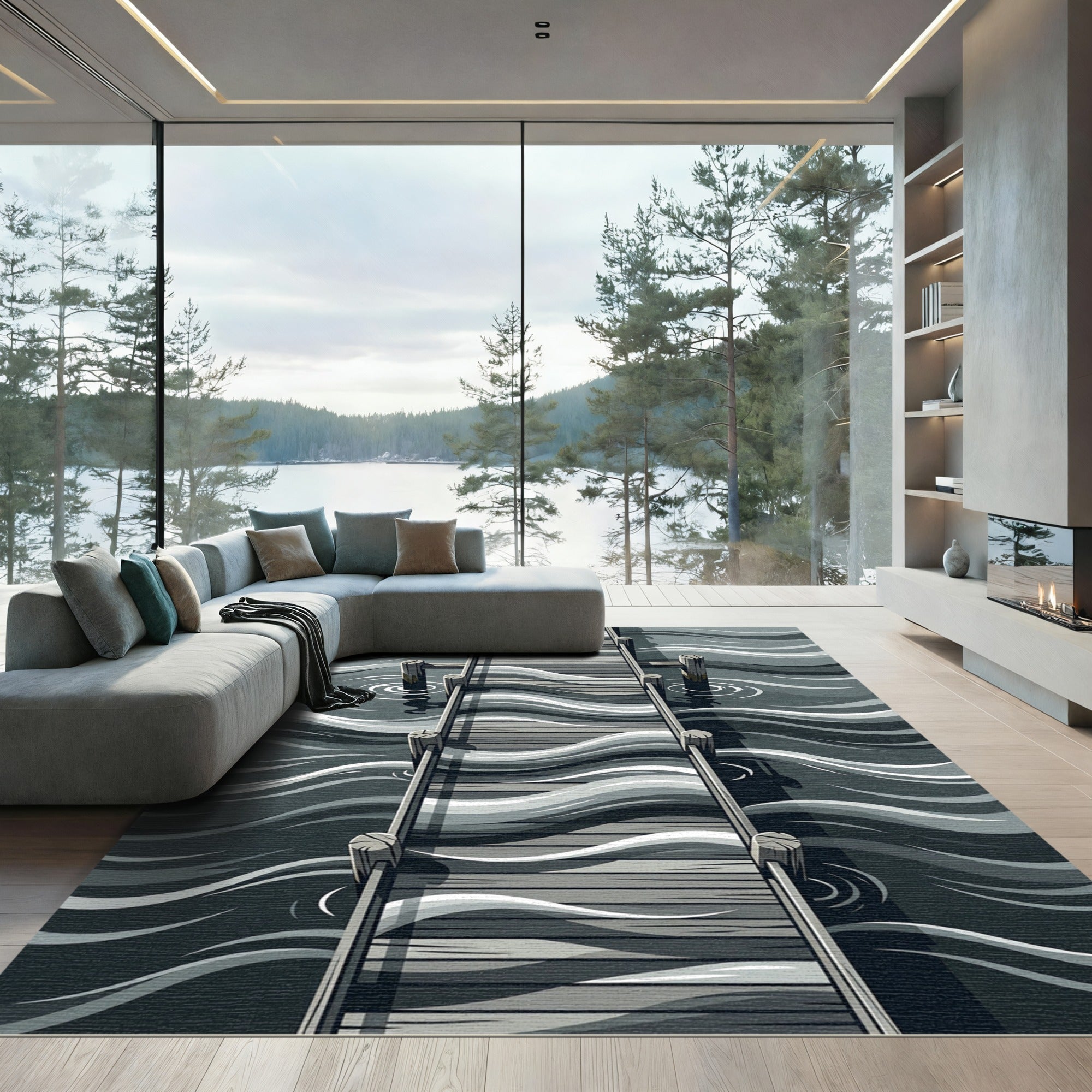 Gray Wooden Pier Waves Rug