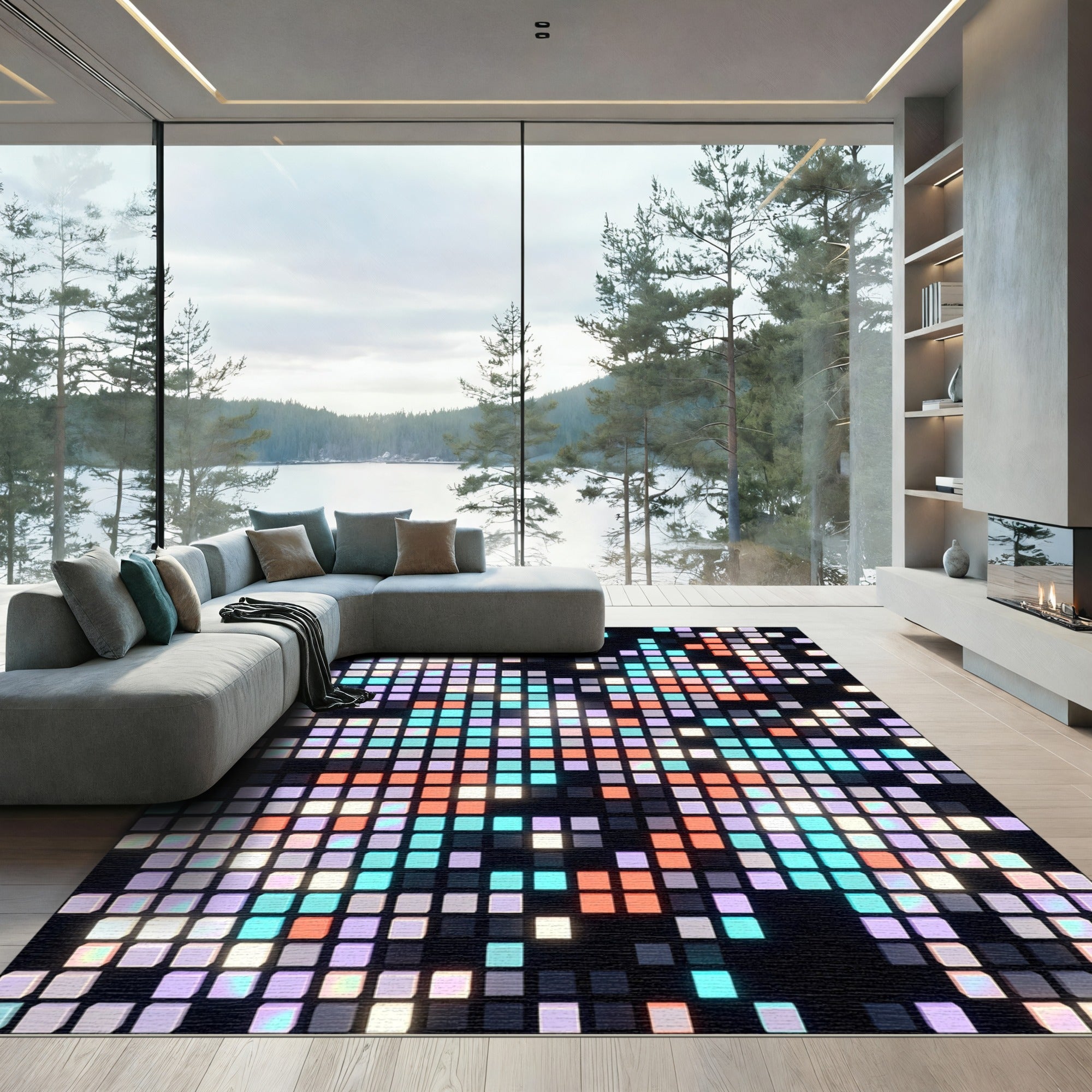 Glowing Neon Pixel Mosaic Abstract Grid Rug