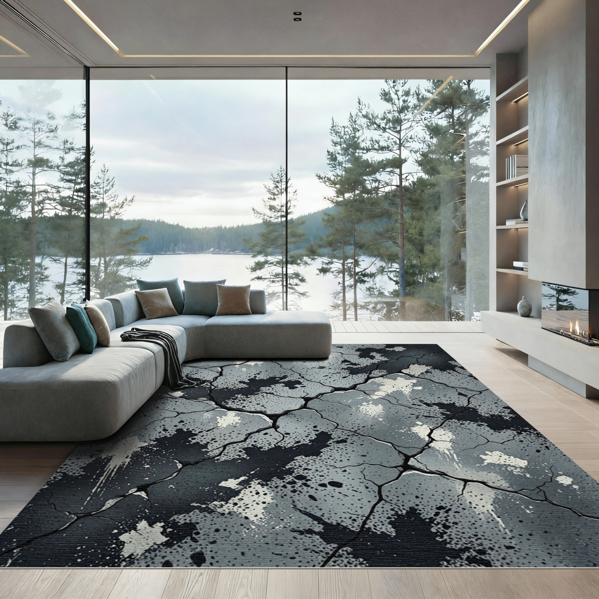 Crackled Concrete Splatter Grunge Rug