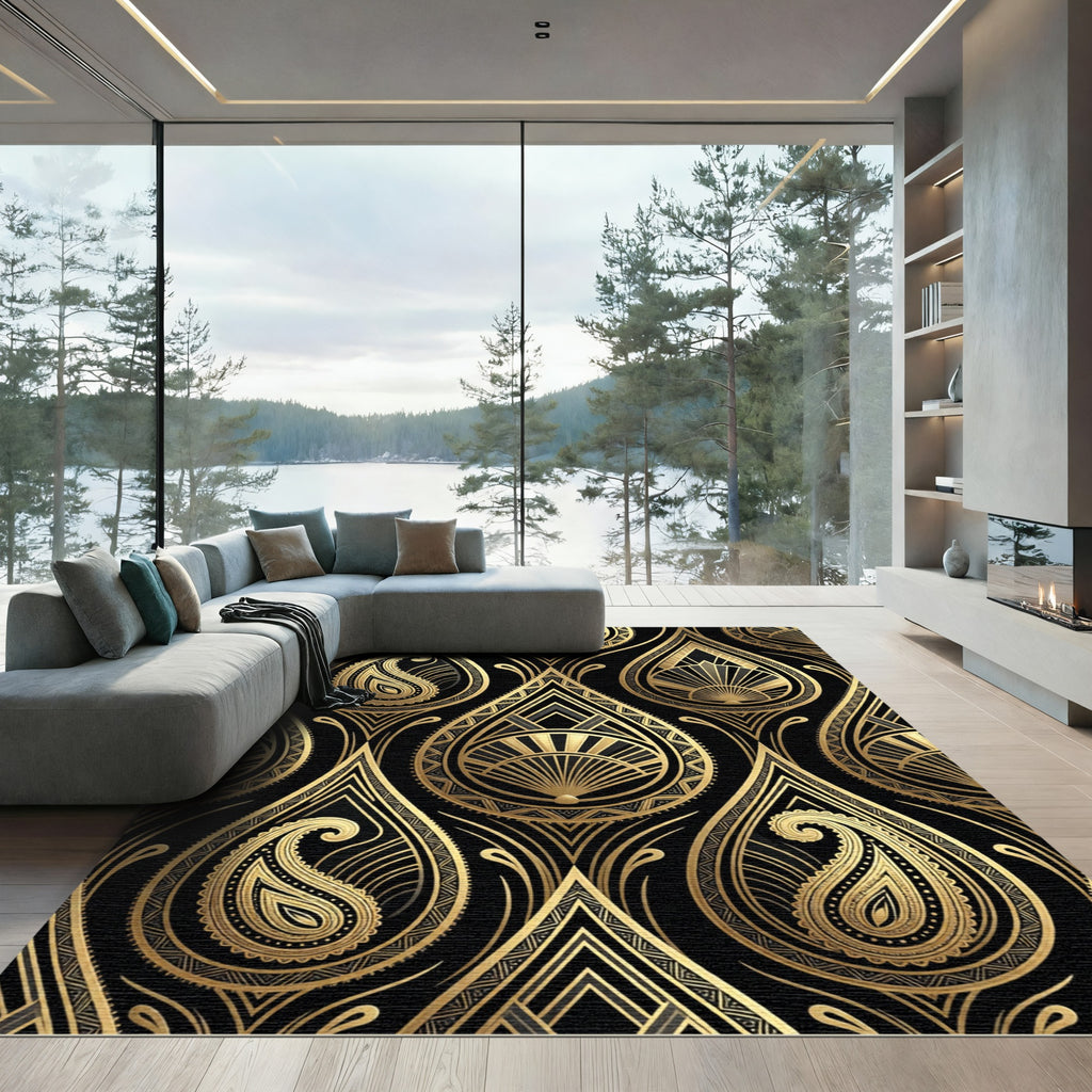 Art Deco Gold Black Paisley Fan Rug