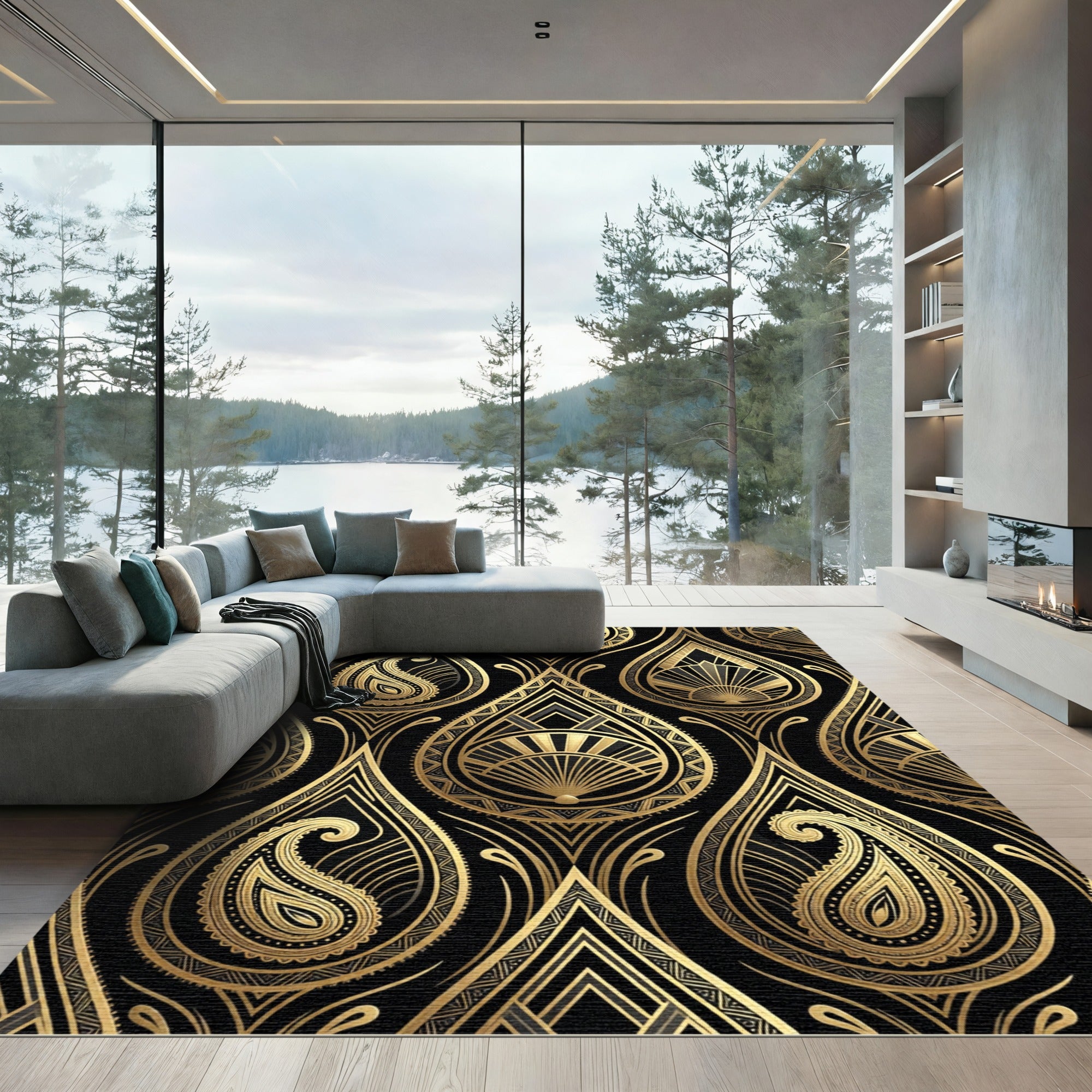 Art Deco Gold Black Paisley Fan Rug