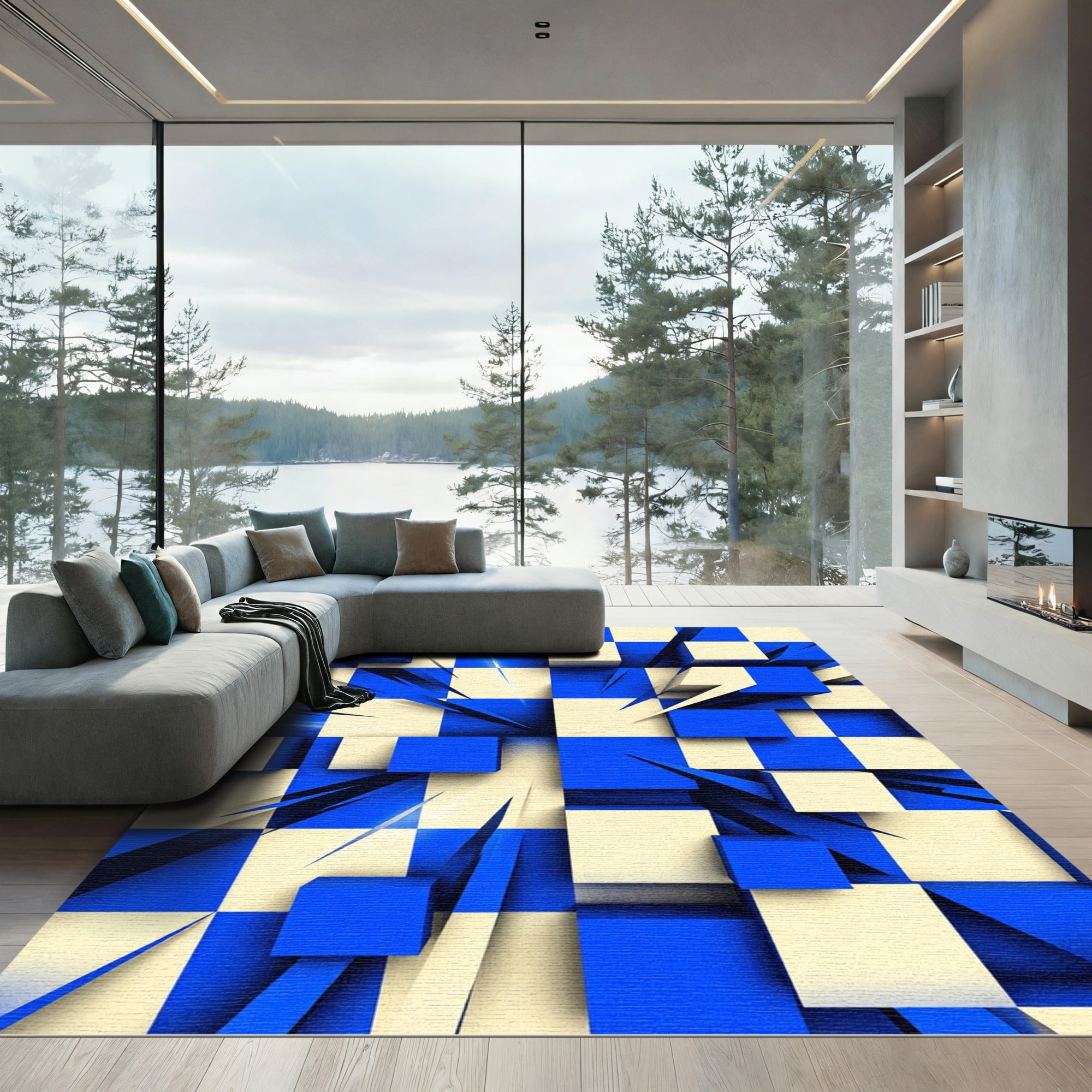 Blue Yellow 3D Checkerboard Abstract Rug