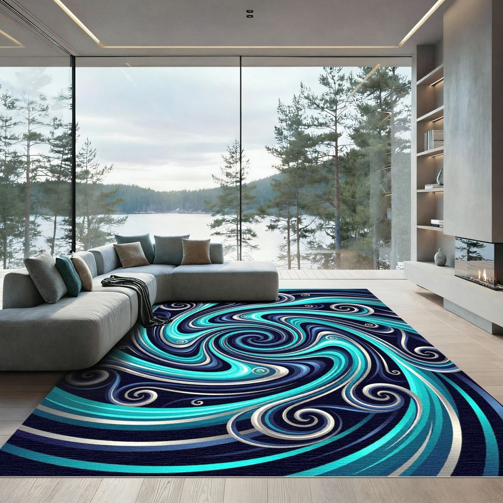Vibrant Teal Swirling Ocean Abstract Rug