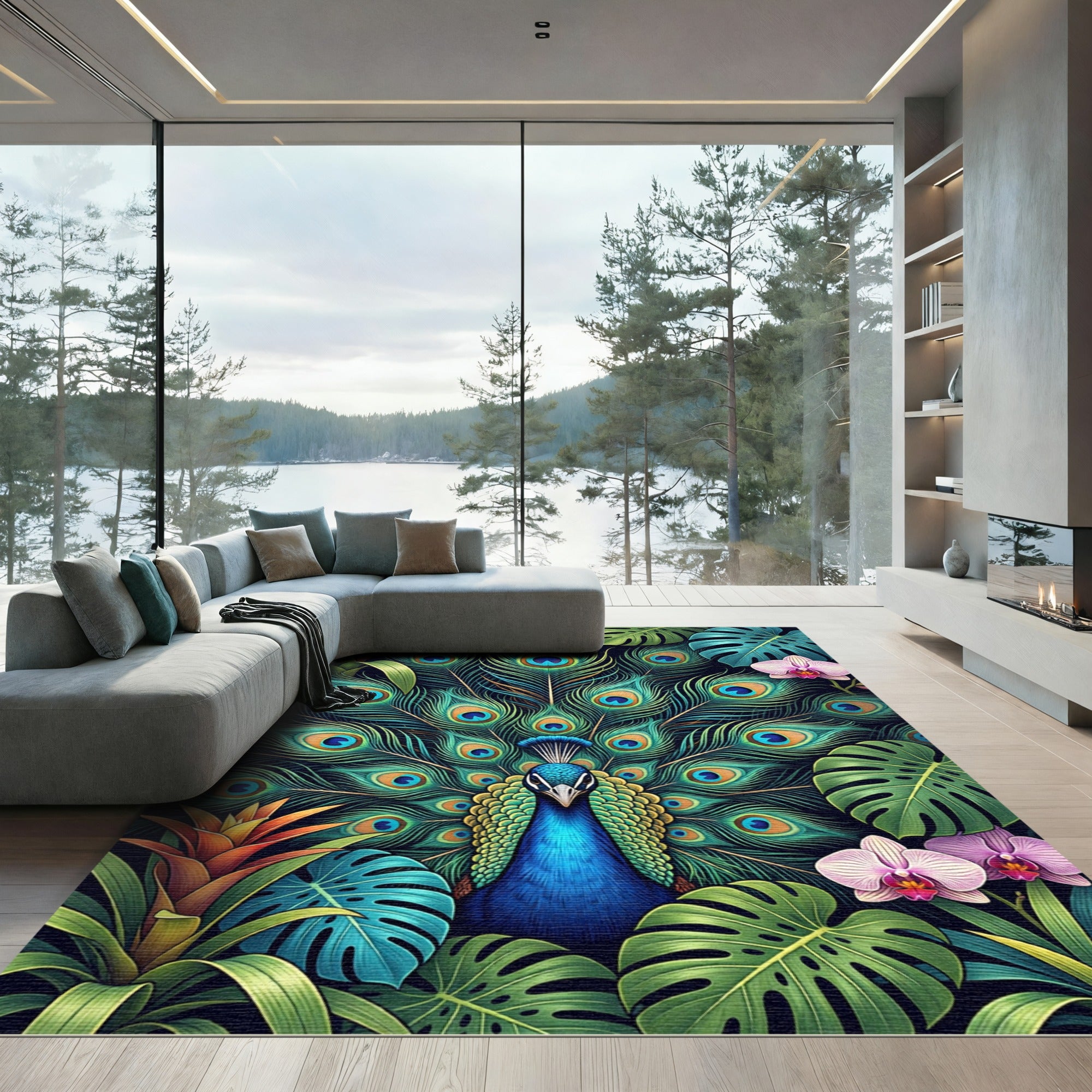 Exotic Peacock Feathers Tropical Floral Art Rug