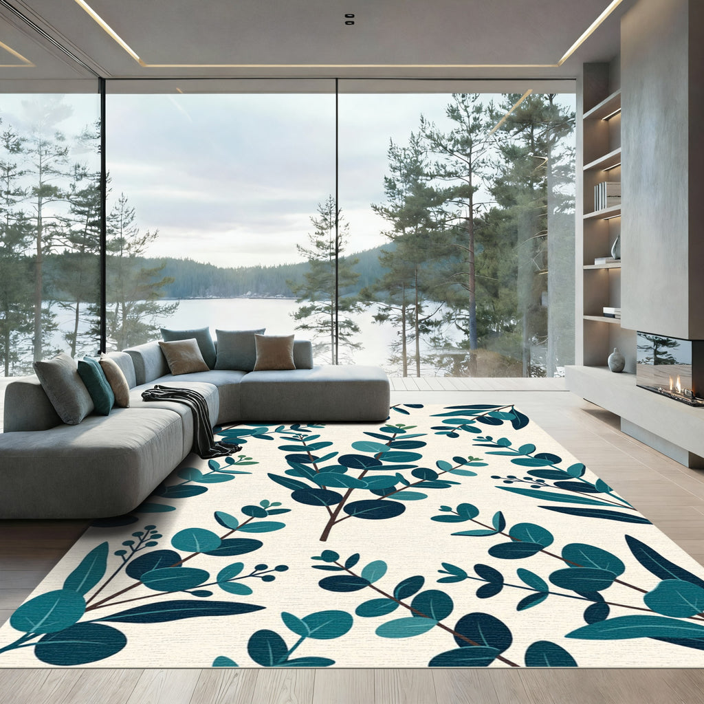 Lush Teal Eucalyptus Botanical Foliage Rug