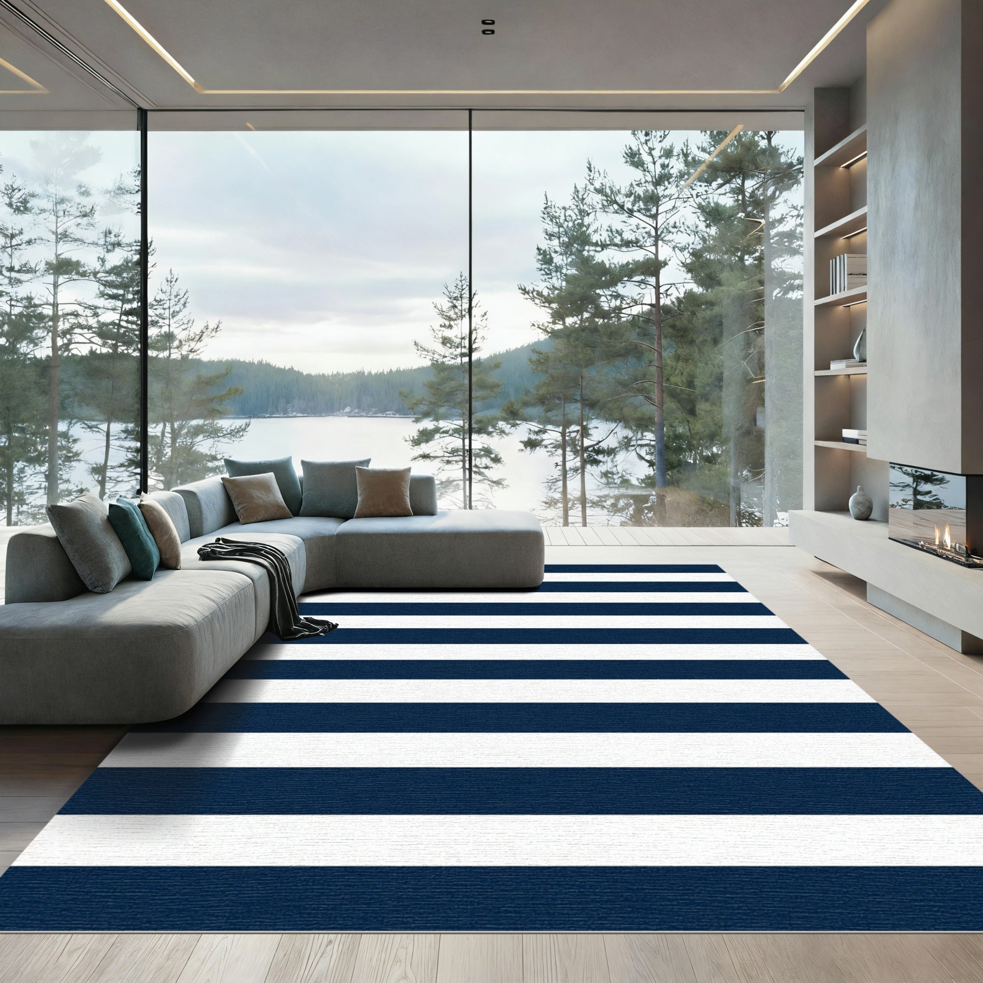 Chic Navy White Horizontal Band Rug
