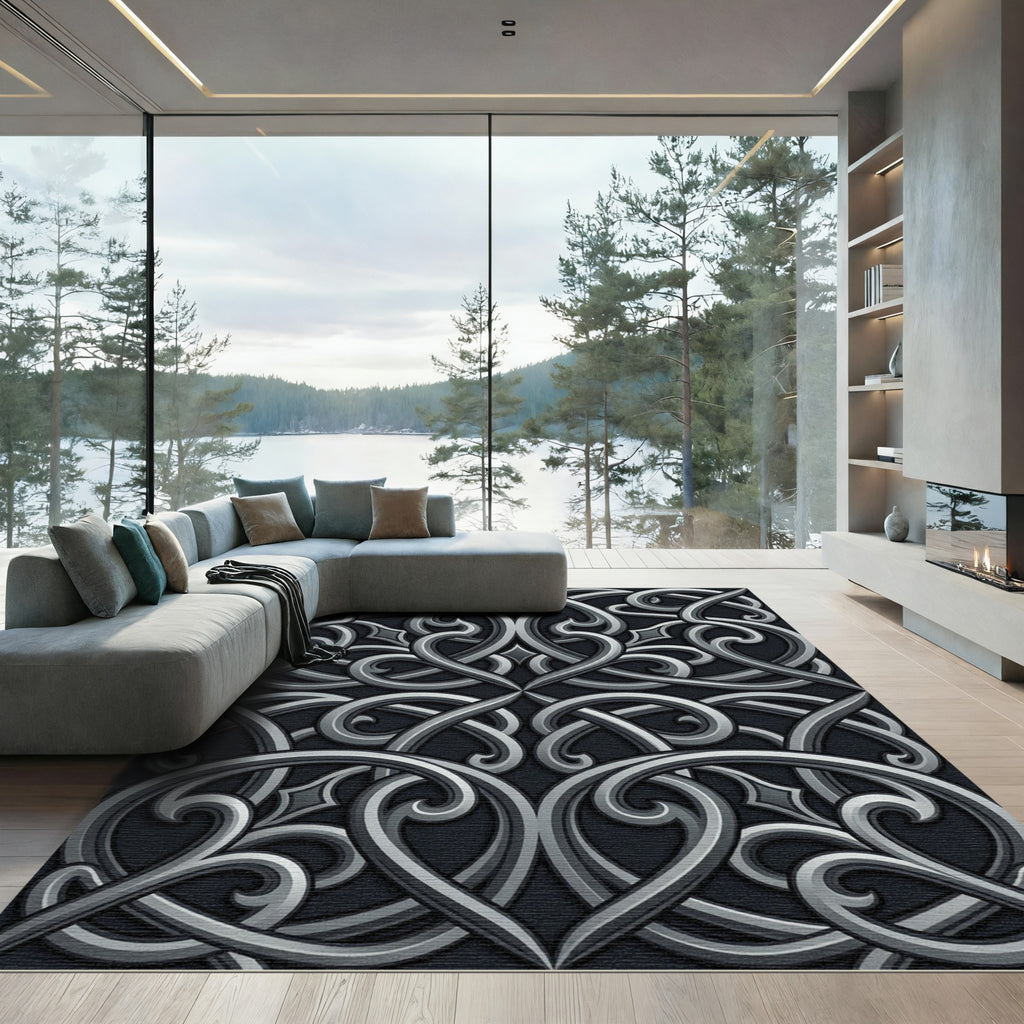Elegant Silver Metallic Scrollwork Filigree Rug