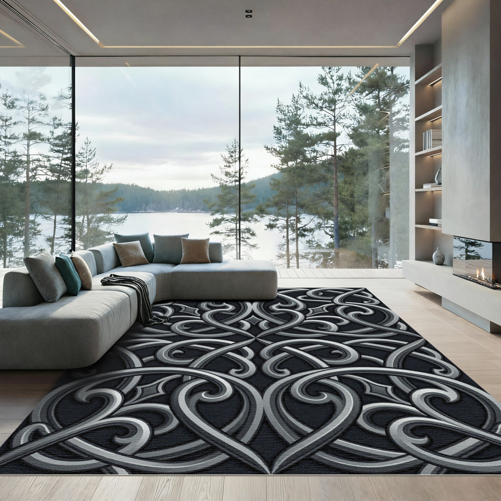 Elegant Silver Metallic Scrollwork Filigree Rug
