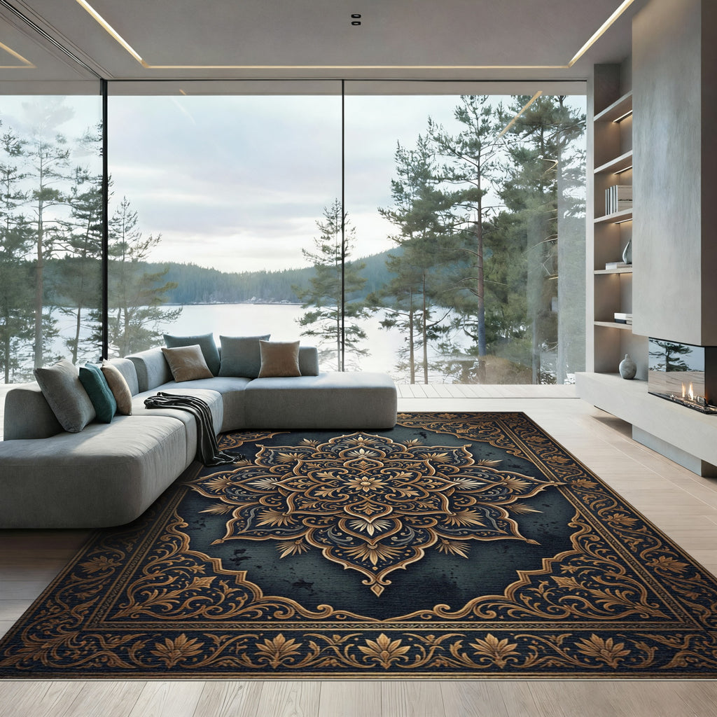 Ornate Gold Floral Medallion Charcoal Backdrop Rug