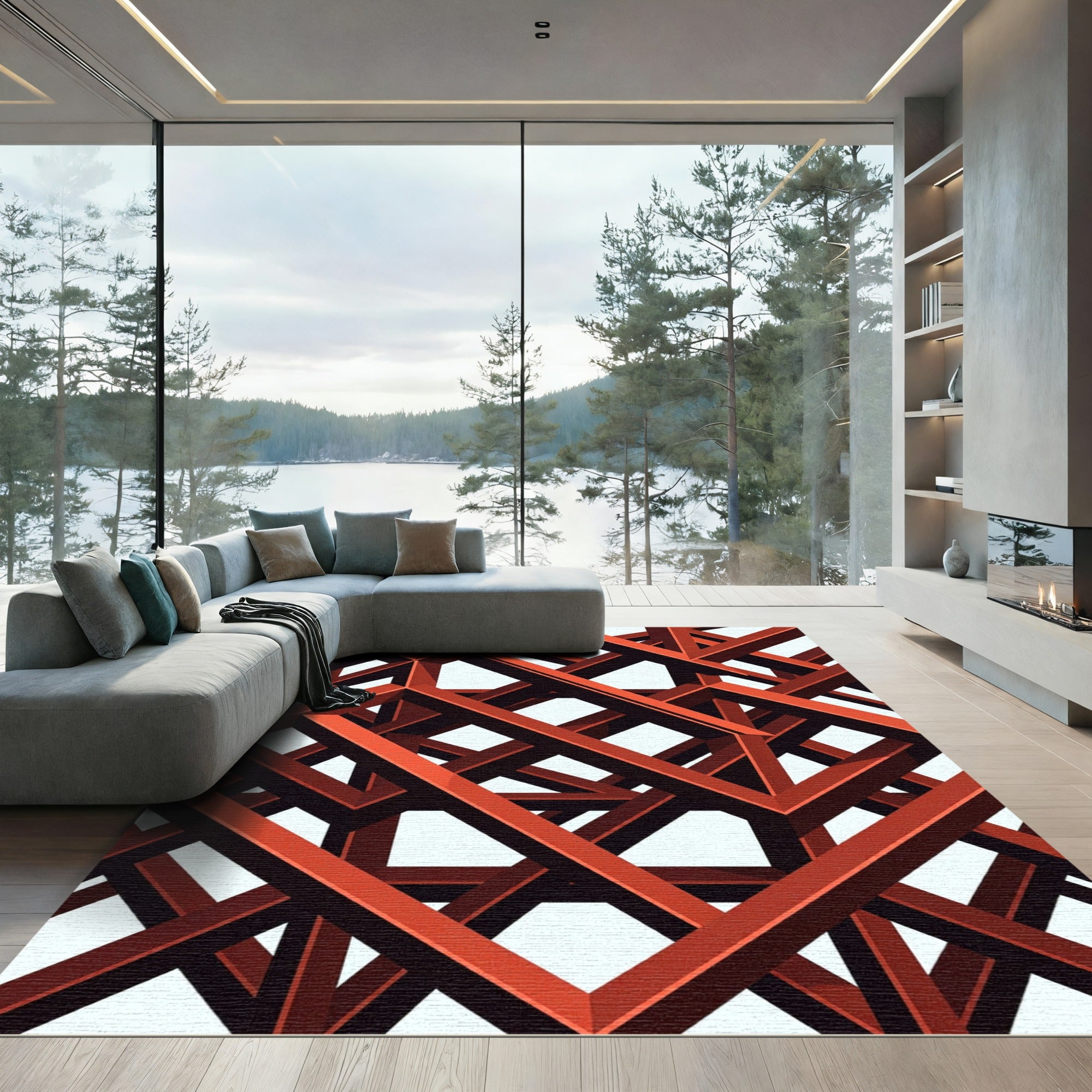 Geometric Crimson Intersecting Structural Grid Rug