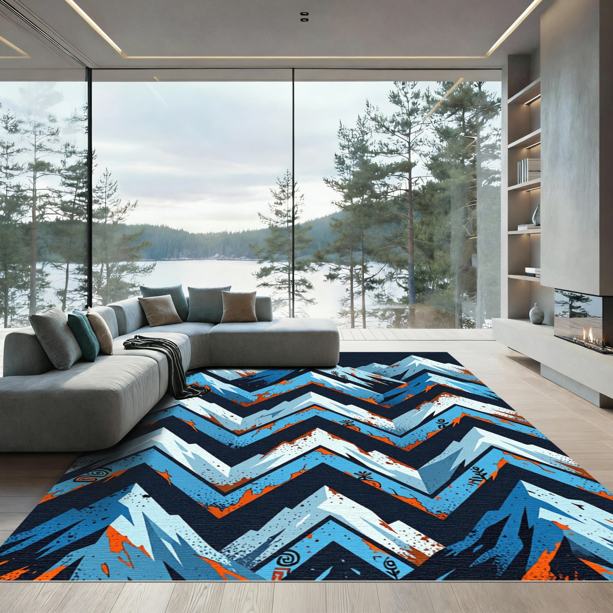 Blue Orange White Mountain Zigzag Rug