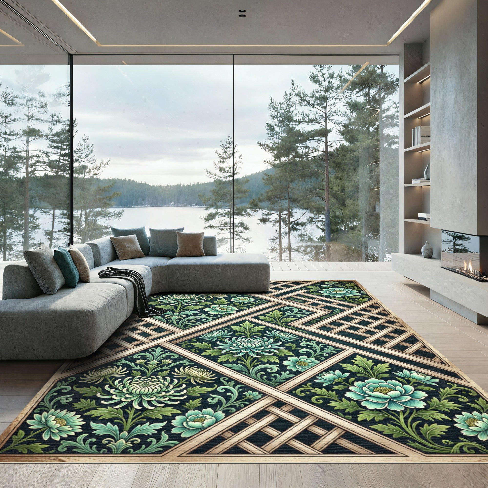Teal Lattice Chrysanthemum Floral Trellis Rug