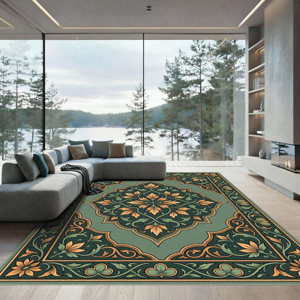 Emerald Gold Floral Inlay Medallion Rug